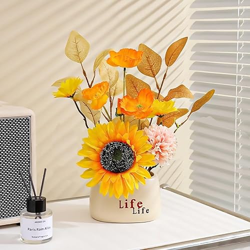 Miniatura 4 de Emivery Arreglo floral artificial de otoño, amapolas de girasol de seda con maceta de cerámica, flores sintéticas en maceta para centros de mesa de