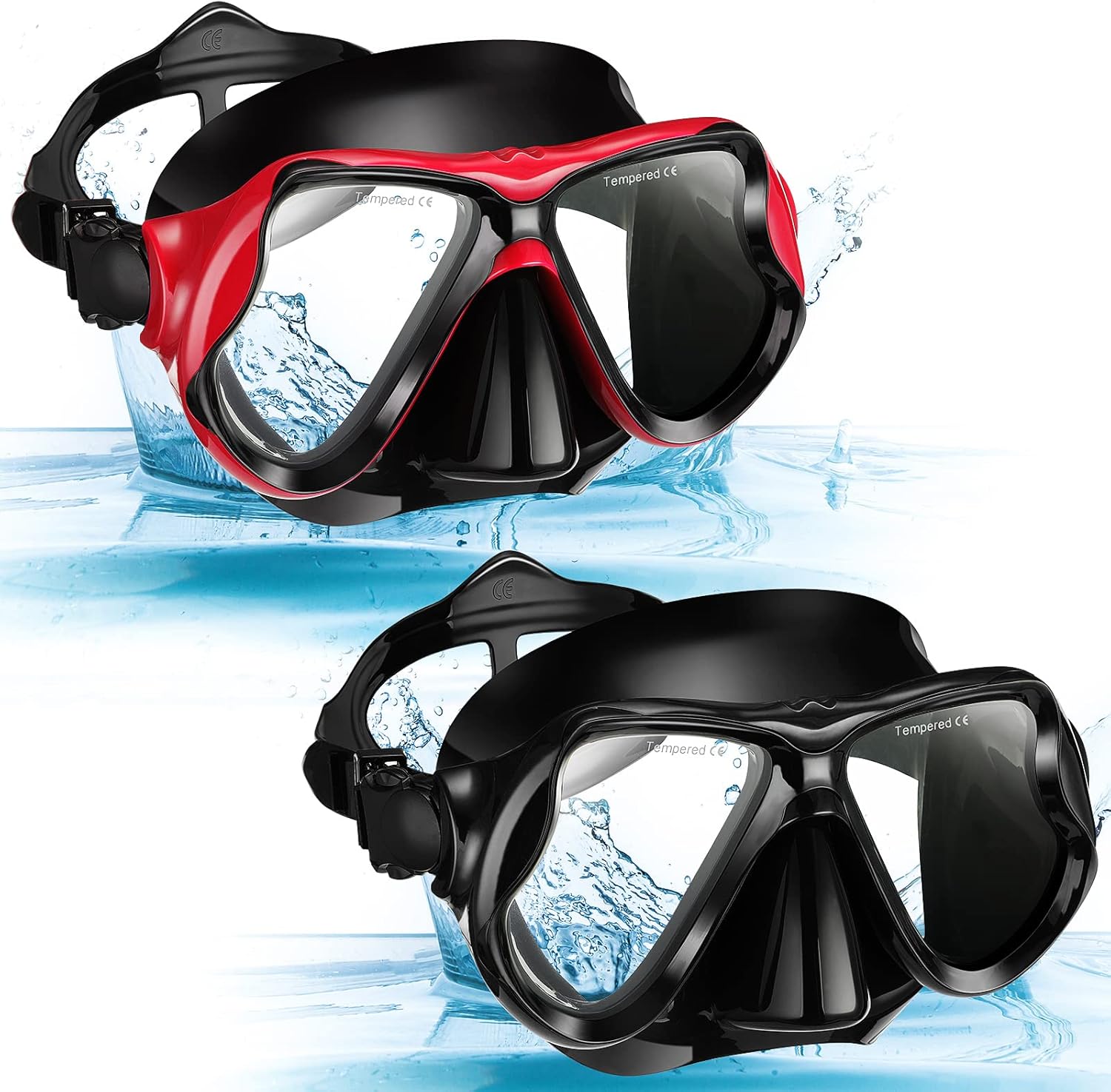 Preboun 2 Pack Swim Mask for Adult Swimming Snorkel Goggles with Nose Cover Anti Fog Clear View Tempered Glass for Diving Swimming