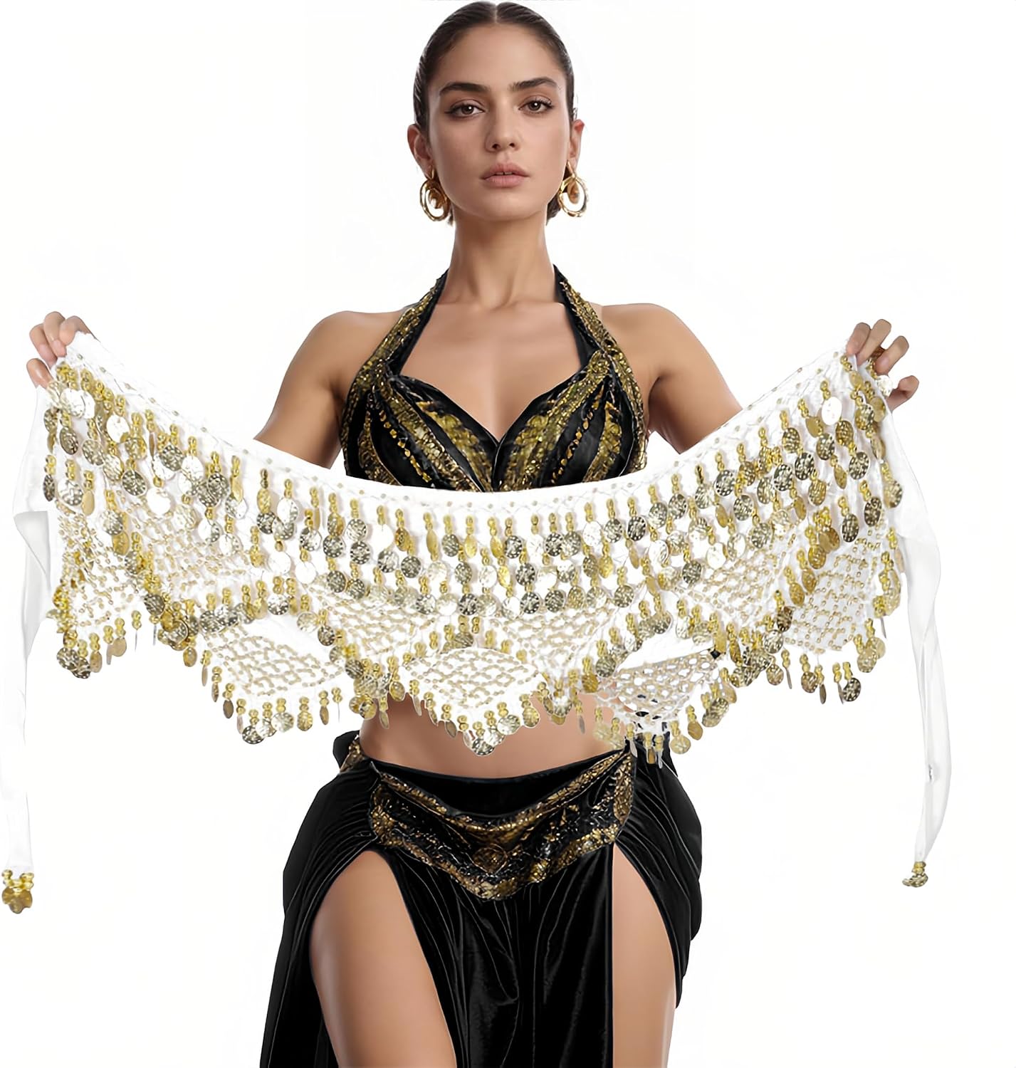 Nimiman Women Triangle Belly Dance Hip Scarves with Gold Coins Dance Costume Wrap Belt Skirts