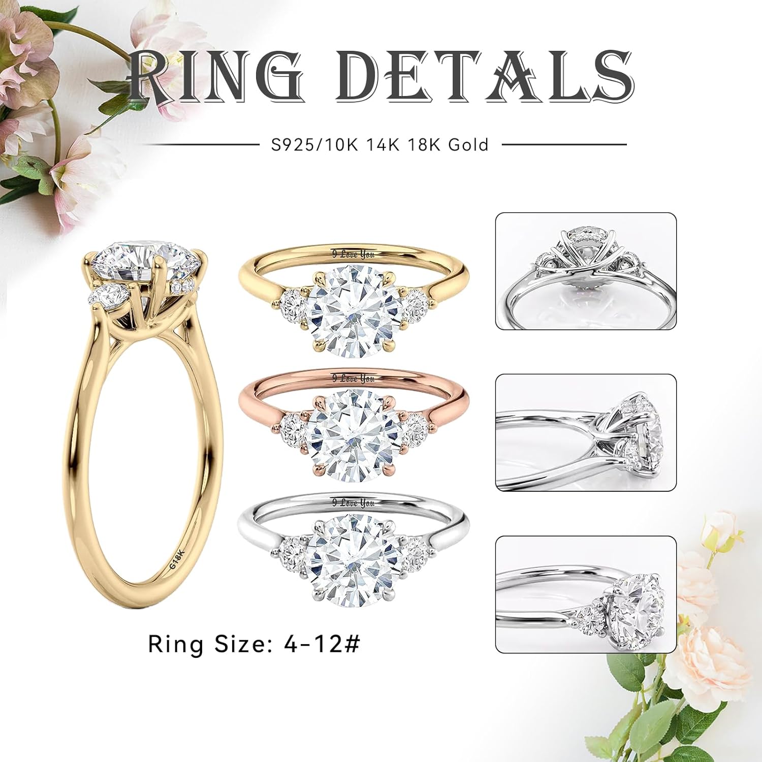 Round-Cut Moissanite Engagement Ring for Women, 10K 14K 18K Solid Gold Brilliant 1-3 Carat CT Moissanite/Lab Created Diamond Wedding Rings Set Solitaire Ring Anniversary Christmas Jewelry Gift
