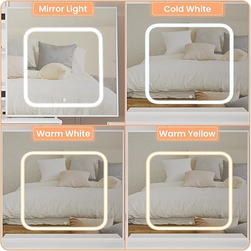 Miniatura 7 de GarveeLife Vanity Desk with Sliding Mirror & LED Lights, Makeup Dressing Table with 4 Drawers, Storage Shelves, Power Outlet & Stool, 3-Color