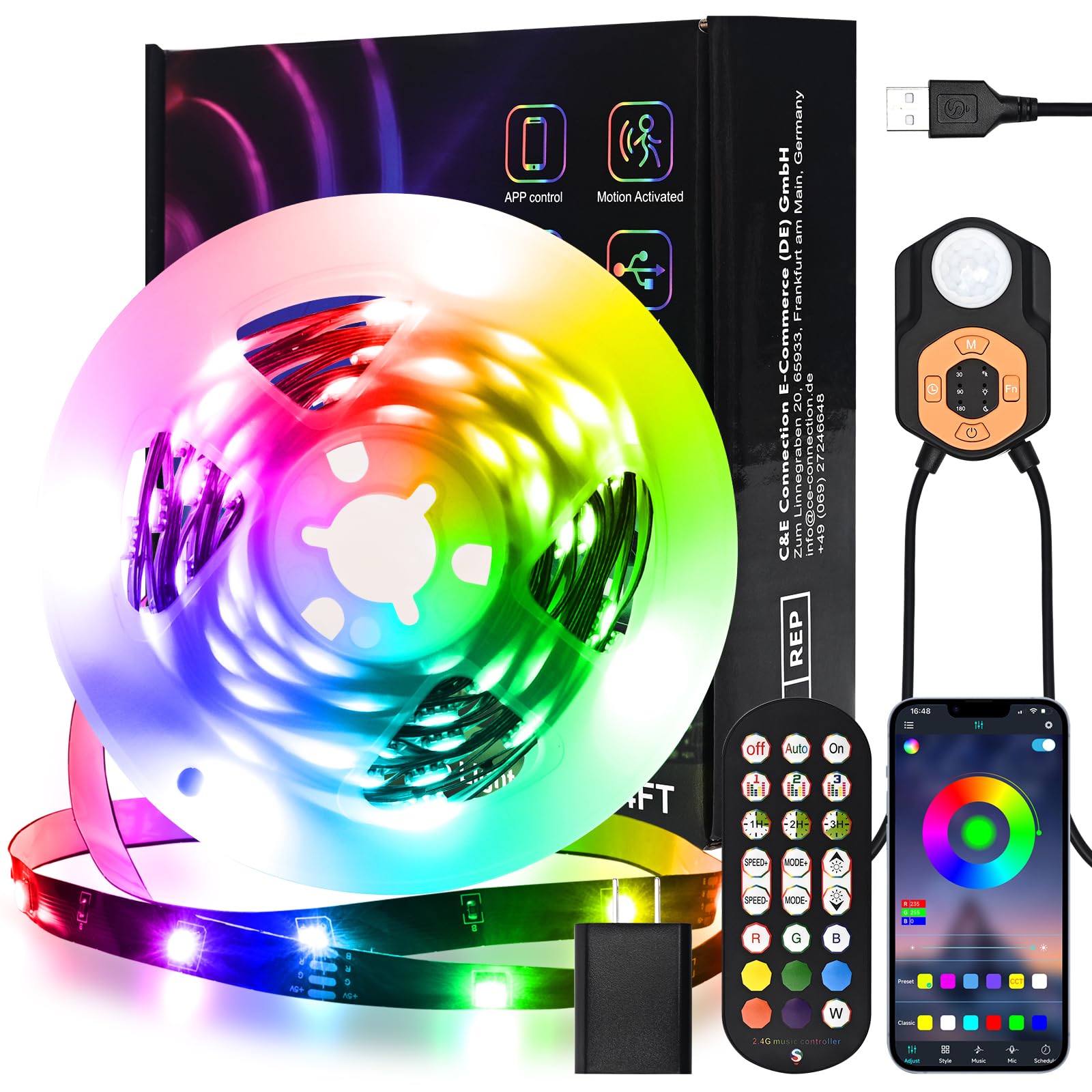 Tira de luz LED con sensor de movimiento para interiores de 6 m, luces debajo de la cama, cambio de color RGB, sincronización de música, aplicación y control remoto, adaptador con certificación ETL
