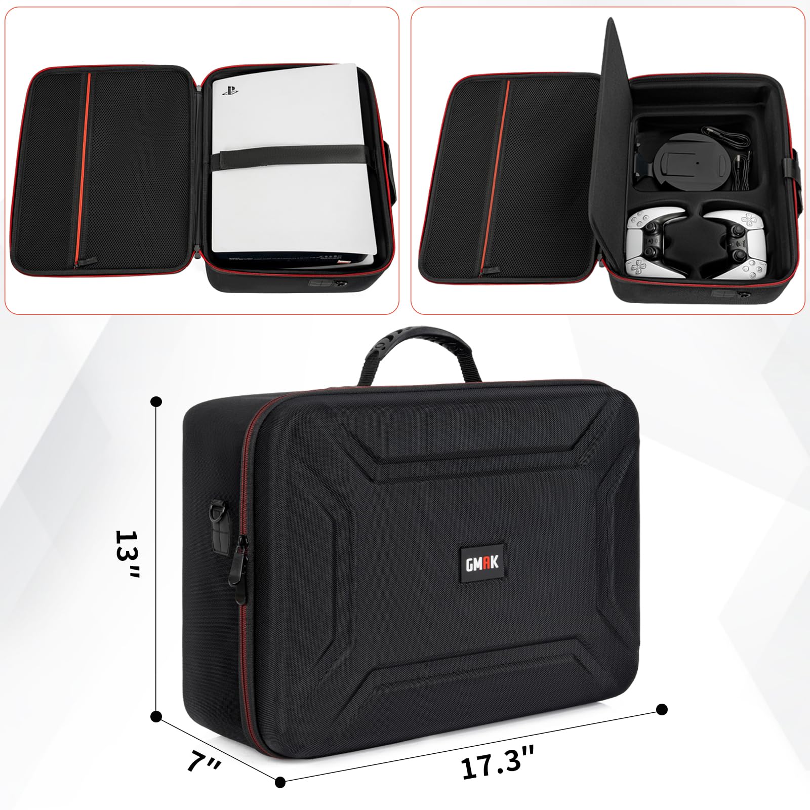 GMAK Custodia rigida per PS5, custodia protettiva da viaggio compatibile con Playstation 5, controller DualSense, base, cavi e altri accessori, custodia in EVA con tracolla per PS5, nera