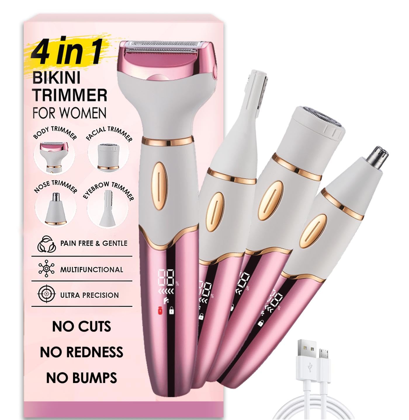 4 in 1 Bikini Body Trimmer for Women | Rechargeable & Waterproof | Grooming Kit with Body, Facial, Eyebrow and Nose Attachments | Precision Trimmer for Smooth, Painfree Hair Removal Rosegoldwhite