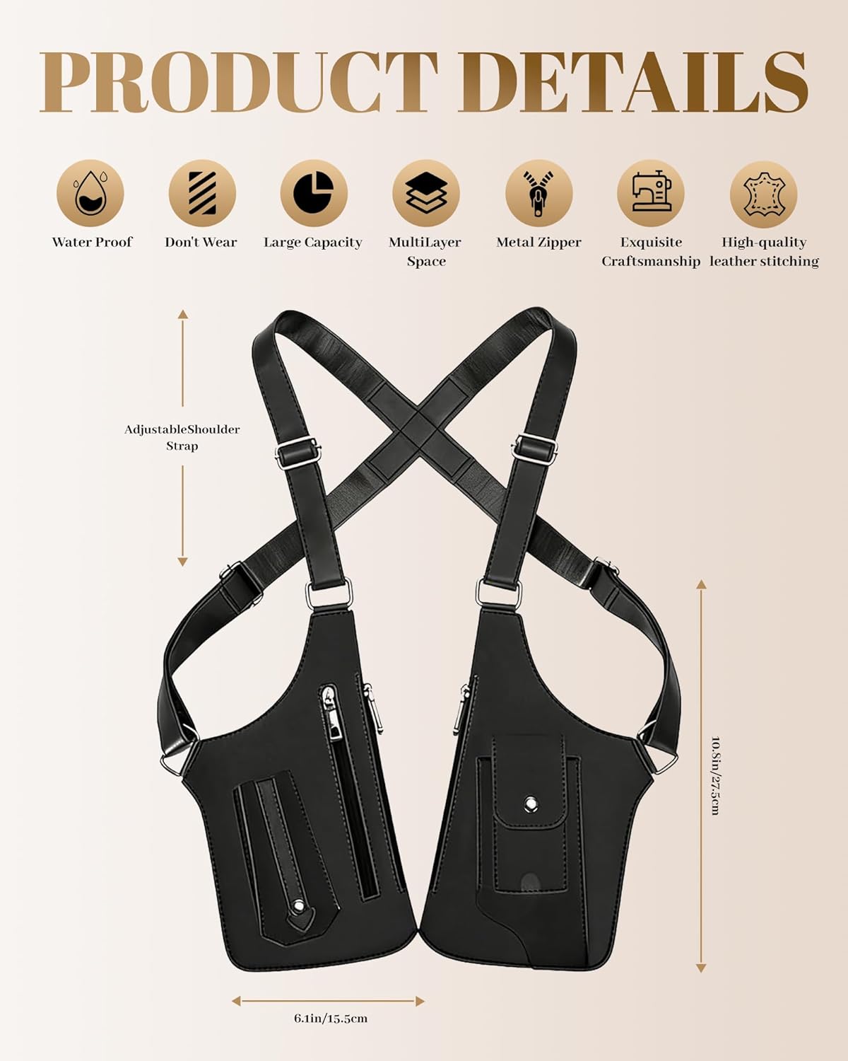PINK LADY Shoulder Holster Chest Bag for Men Underarm Concealed Carry Leather Vest Crossbody Sling Adjustable Straps Pack
