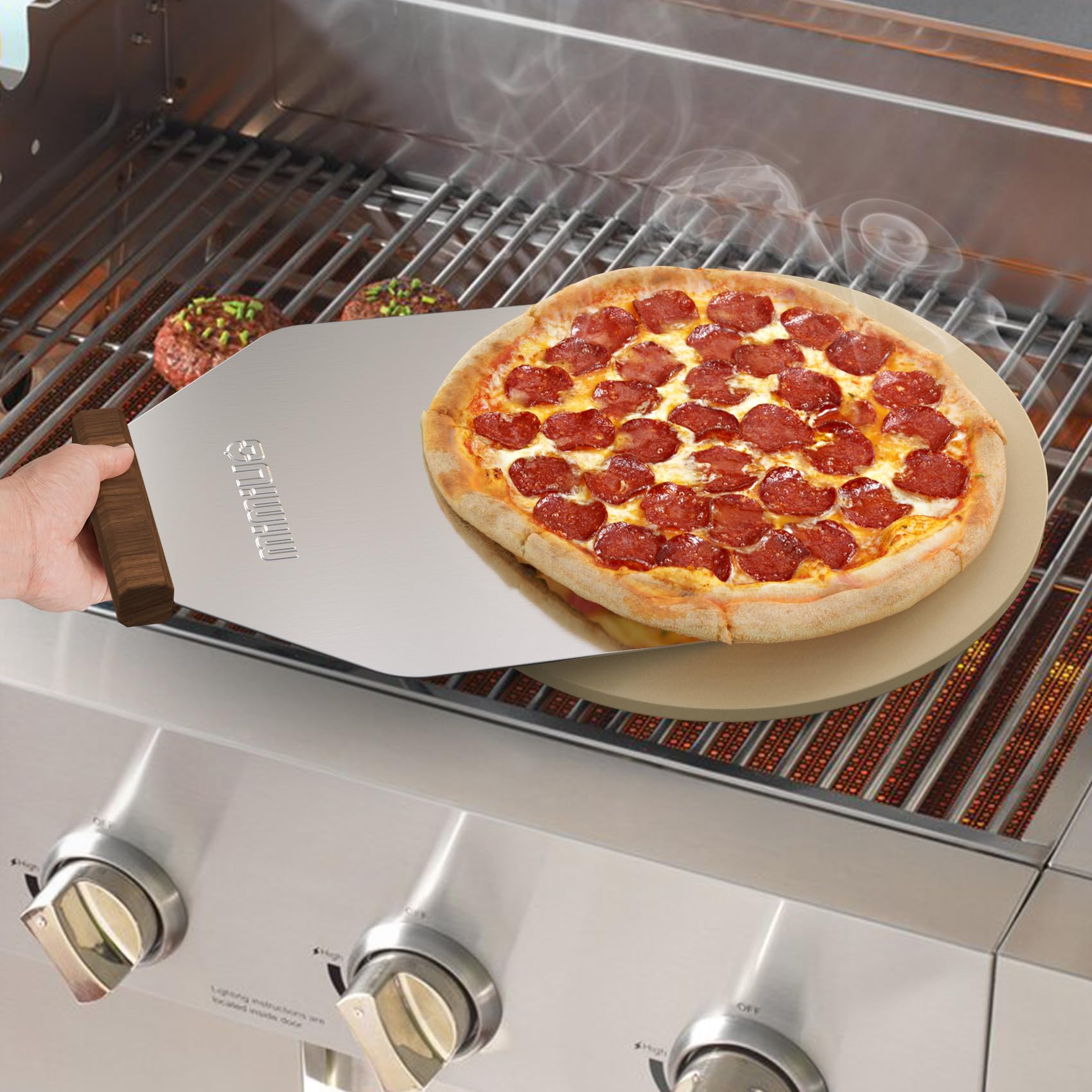 Mimiuo Deska do pizzy i zestaw łopat do pizzy, aluminiowa łopata do pizzy i taca do serwowania z drewna akacjowego do pizzy, ciastek, ciast, chleba