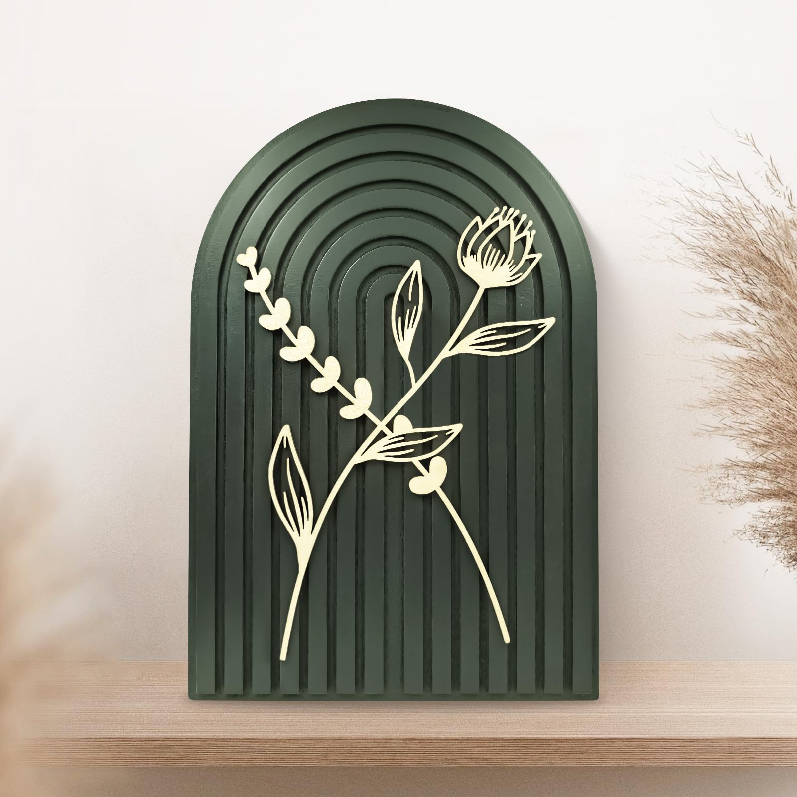 Teeloray Boho Wooden Arch Floral Mid Century Modern Shelf Decor Aesthetic Bohemian Art Wall Hanging Decor 3D Hollow Craft Minimalist Wall Art for Bookshelf Living Room Bedroom, Dark Green