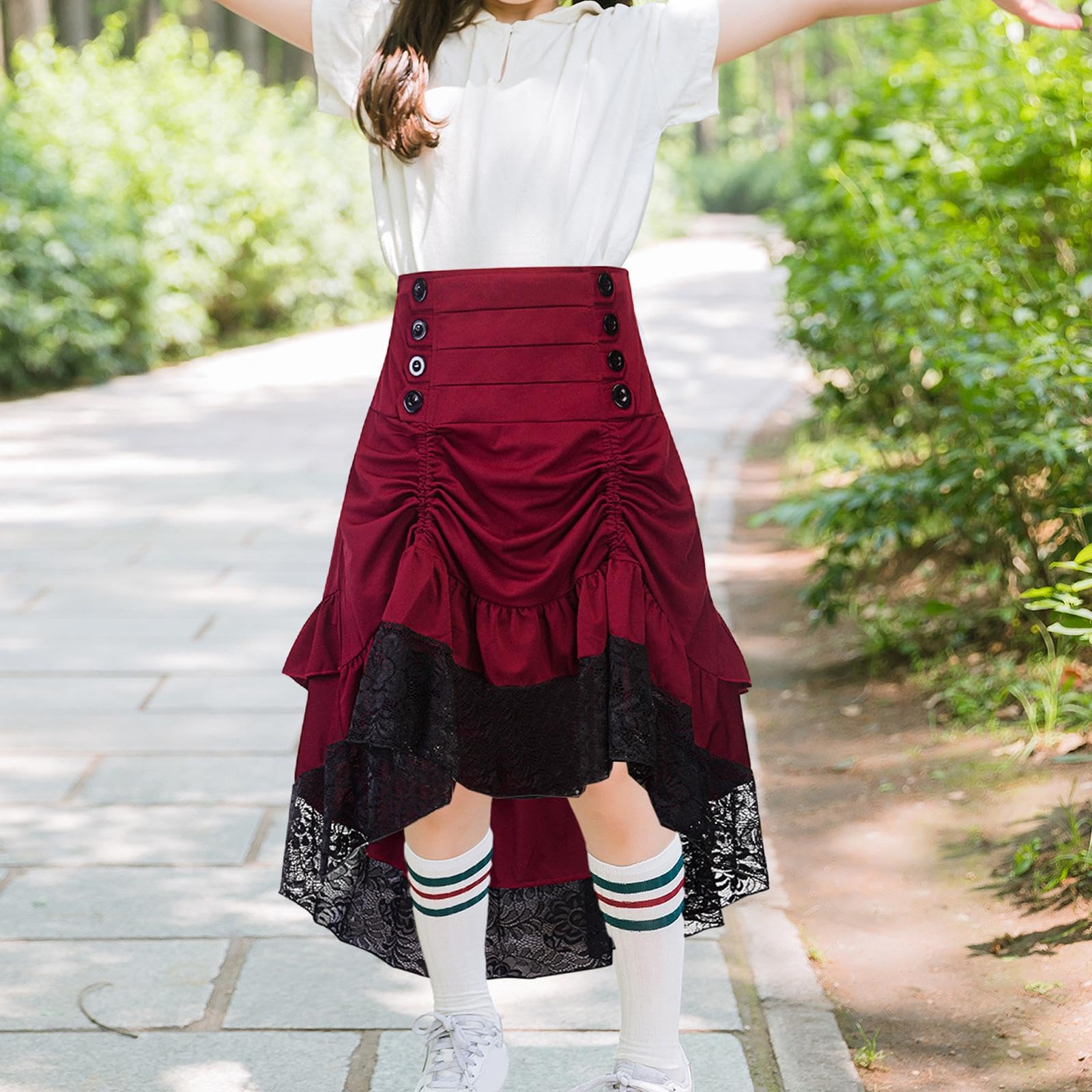 Perfeclan Gothic-Röcke für Damen, Steampunk-Rock, Langer Rock mit hoher Taille, High-Low-Bustle-Rock, Steam-Punk-Rock für Halloween, Maskerade-Party, Abend