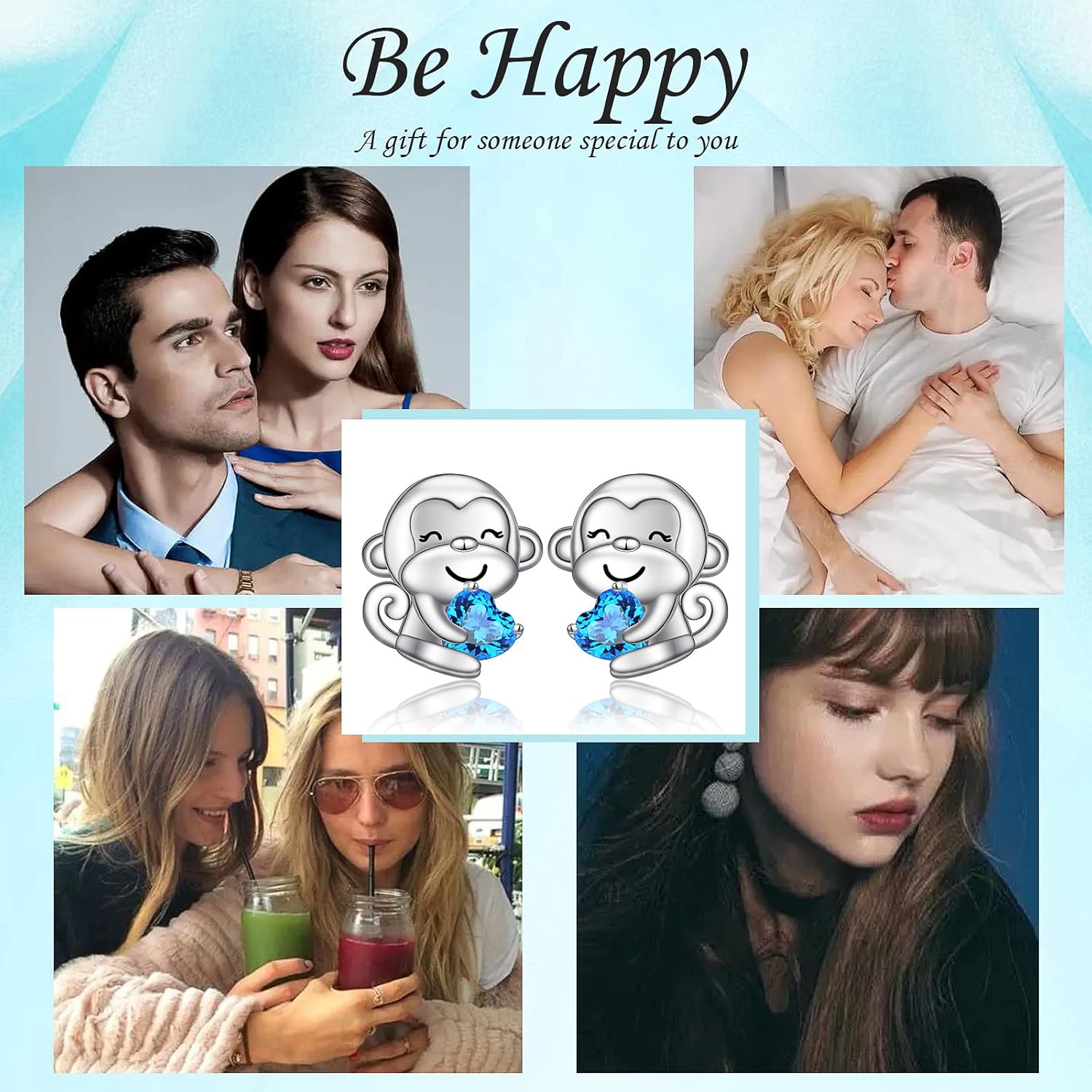 FLYOW 925 Stering Silver Cute Animal Heart CZ Monkey Stud Earrings Bracelet Pendant Necklace Birthday Christmas Anniversary for Women Friends Monkey Lovers, 18 inch