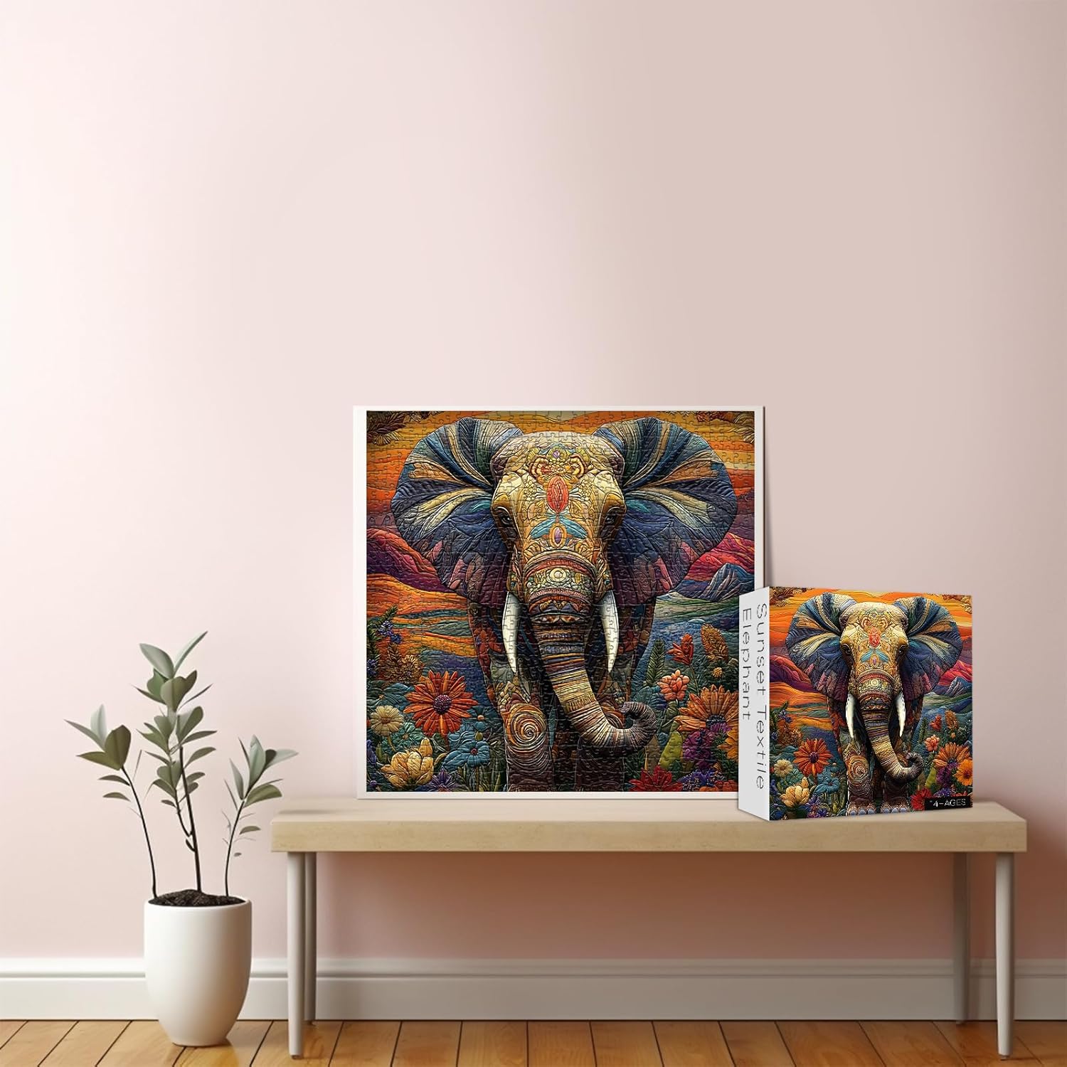 Elephant Puzzles for Adults 1000 Pieces, Larkipuzz Patchwork Mountain Puzzle Wildflower, Vintage Sunset Jigsaw Puzzles for Wall Decor