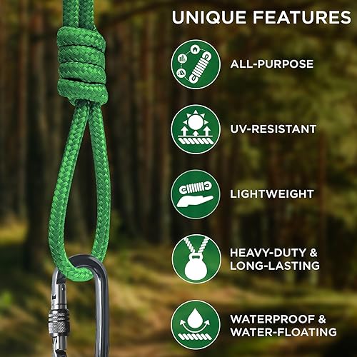 Vista 13 de TECEUM Cuerda – 90 pies x 1/4 pulgadas (0.276 in) – Verde militar – Cuerda fuerte multiusos – Camping, manualidades, asta de bandera