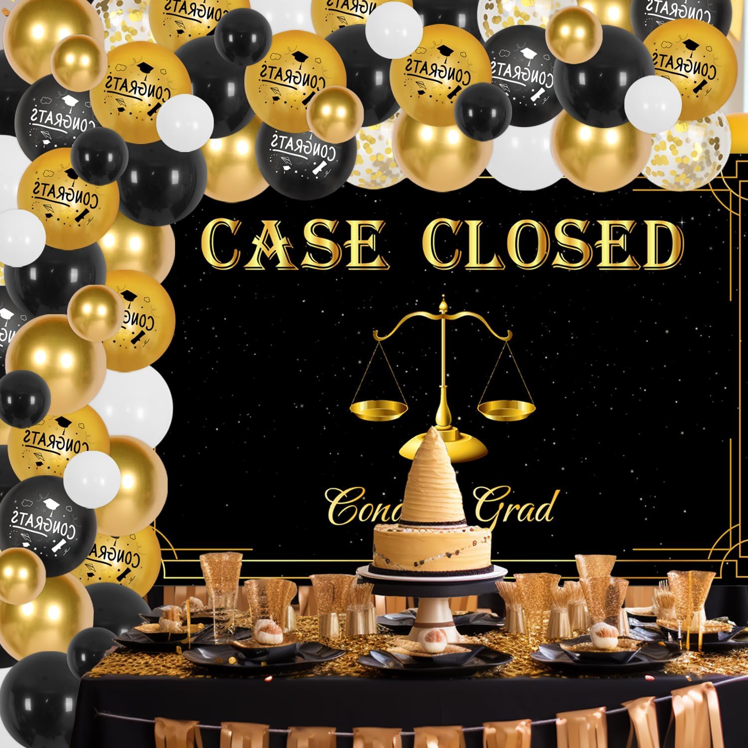 Case Closed Party Decorations, Class of 2026 Law School Graduation Party Decor, Congrats Lawyer Gard Backdrop, Black Gold Balloon Garland Arch Kit for Future Lawyer Graduation Party Supplies