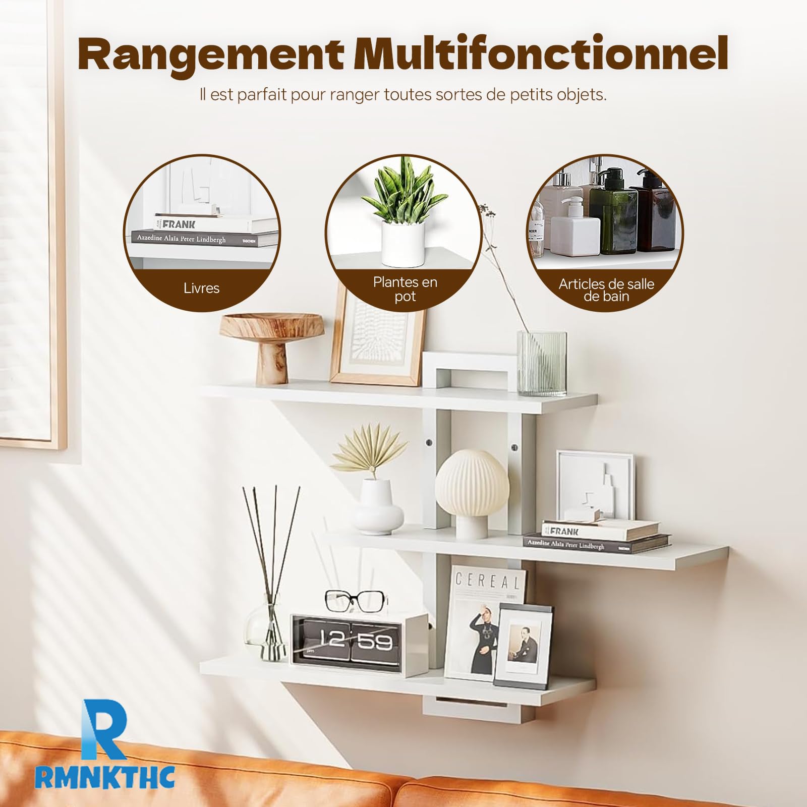 Étagère murale flottante à 3 niveaux, rangement mural