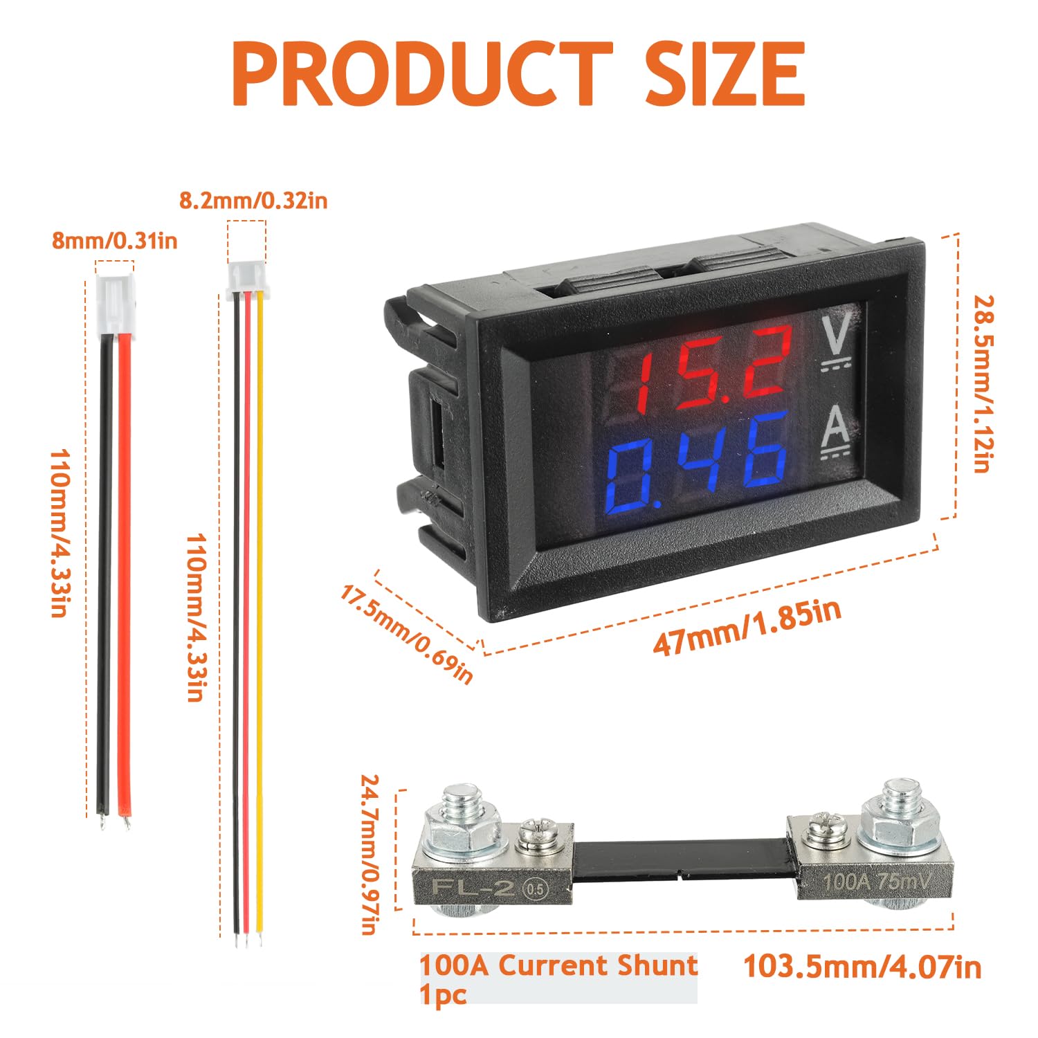 100A DC 0-100 V Amperometro digitale a LED da 0,28" Voltmetro con shunt, rivelatore rosso misuratore di corrente
