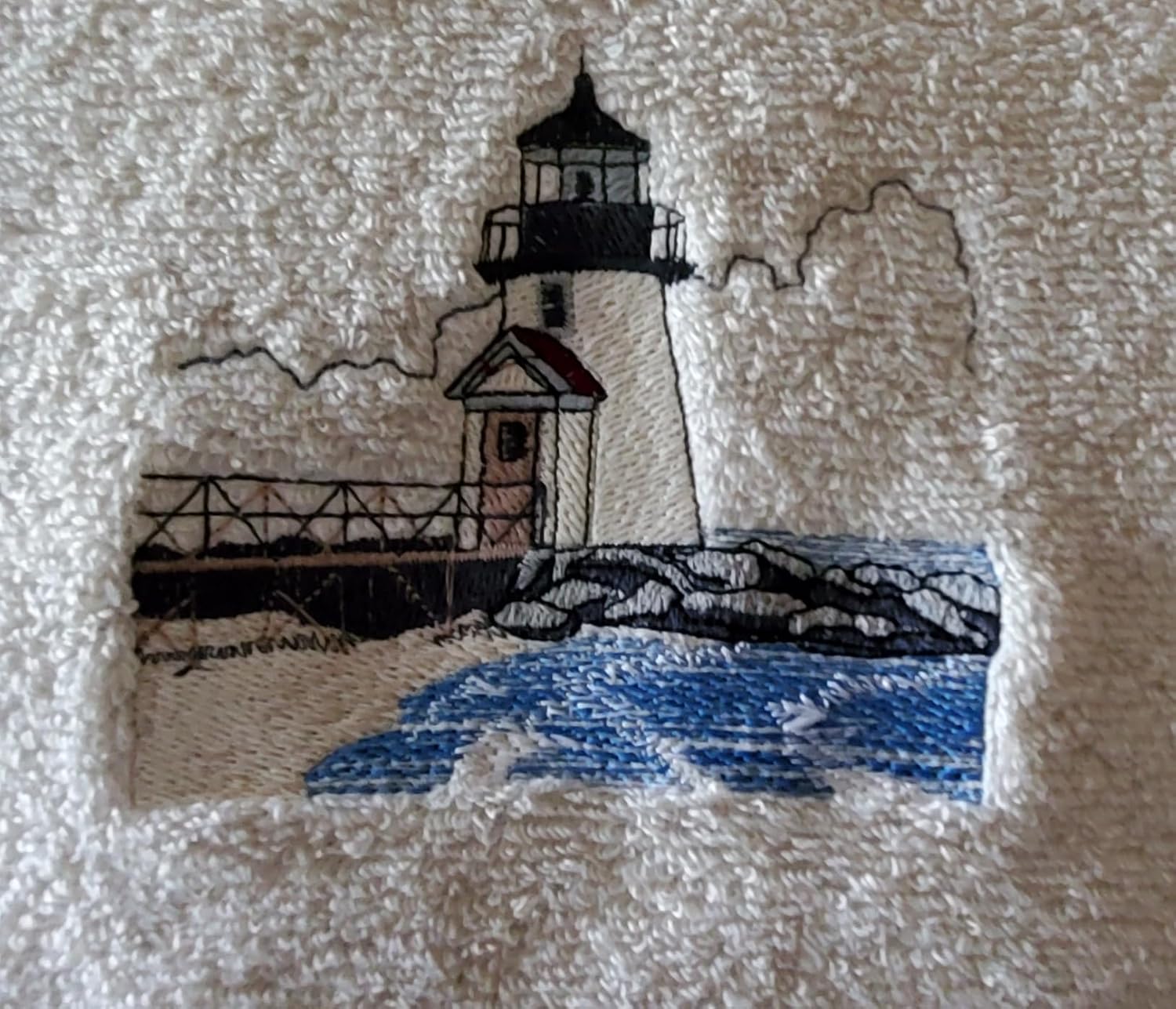 Bath Towel Set with Embroidered Brant Point Lighthouse - Beige