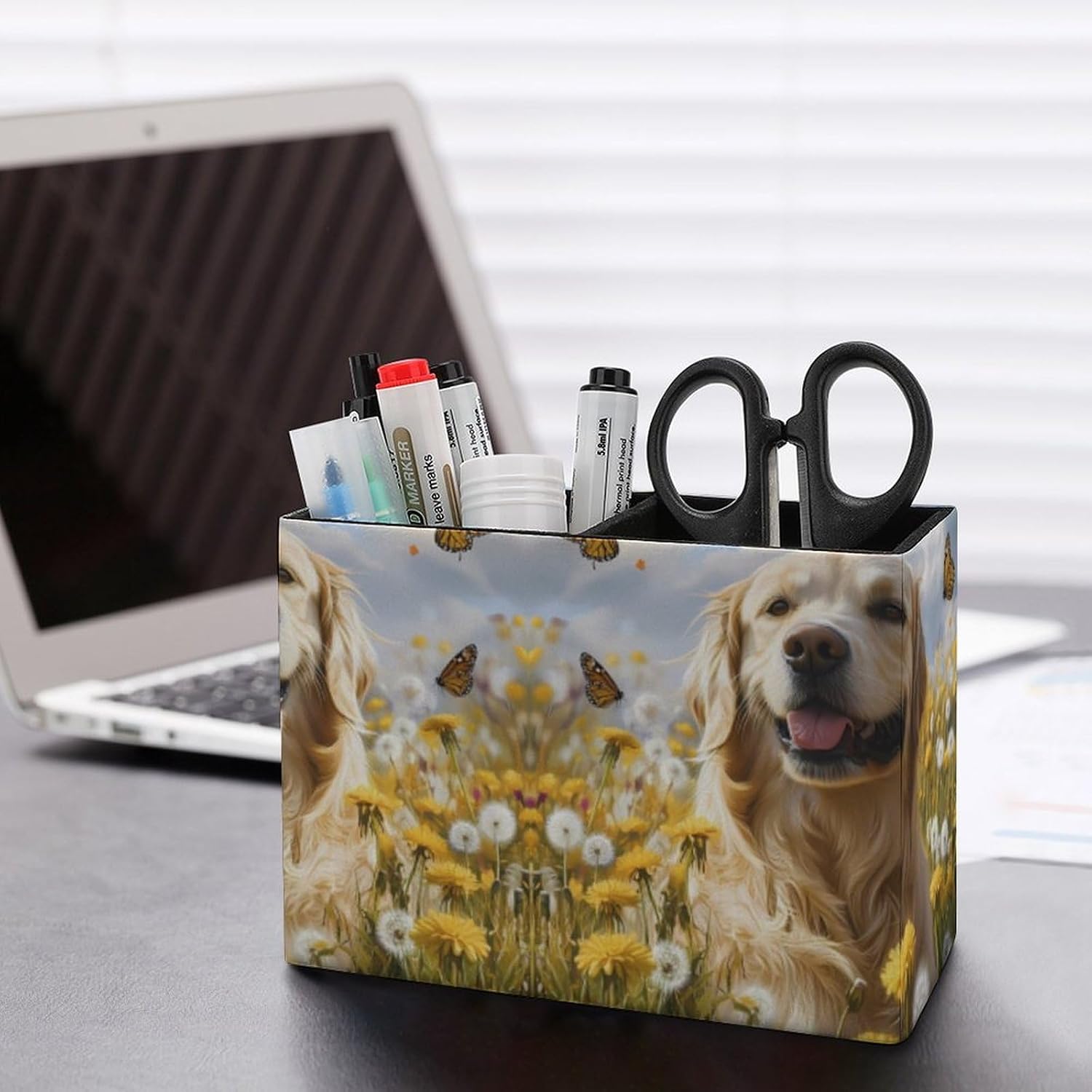 Retriever Dog Cute Dogs Pencil Pen Holder PU Leather Desk Storage Organizer Makeup Brush Box