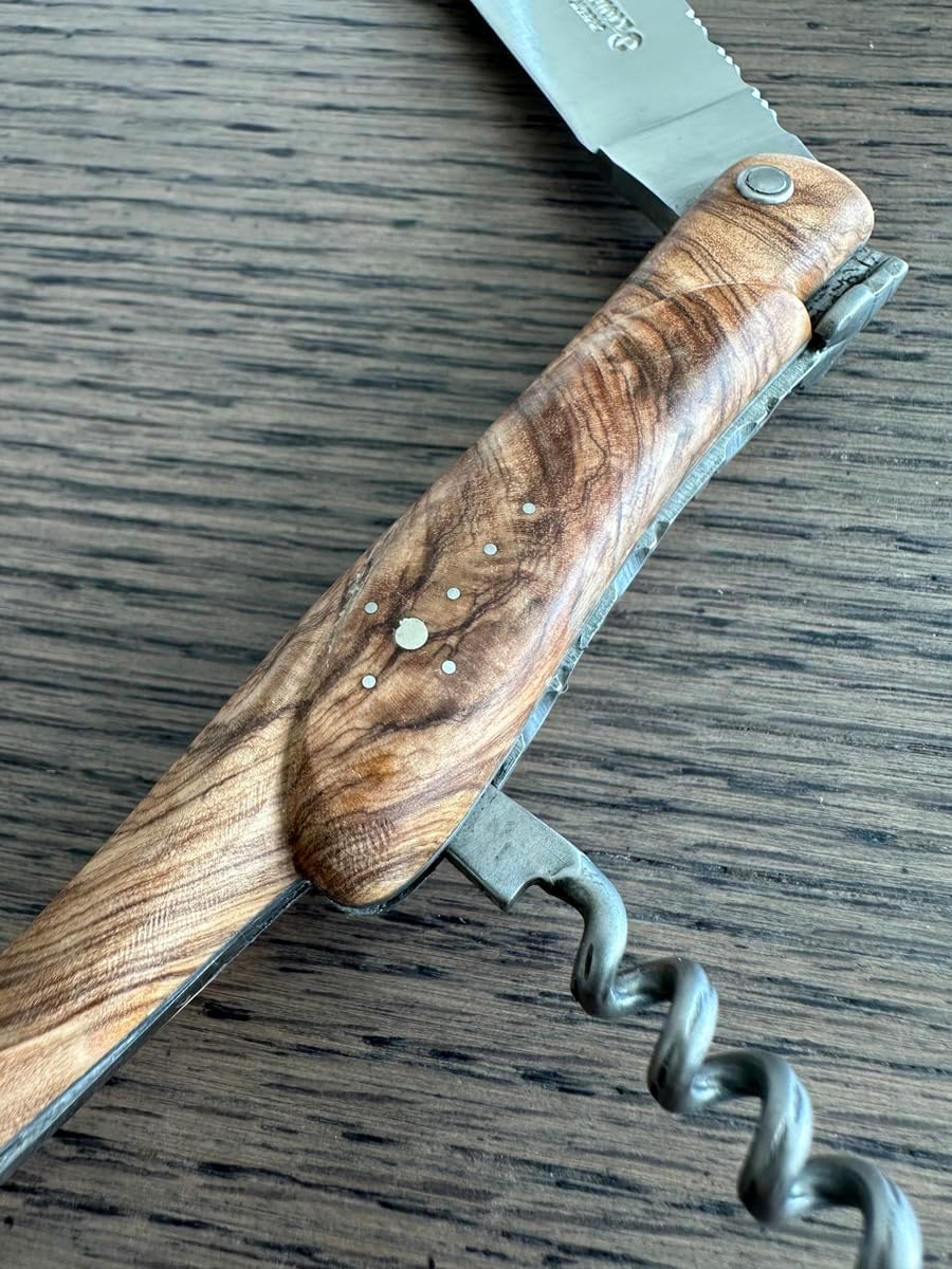 Laguiole en Aubrac Handmade Luxury Folding Pocket Steak Knife with Corkscrew, 4.8-in (12cm), Olive Wood Handle