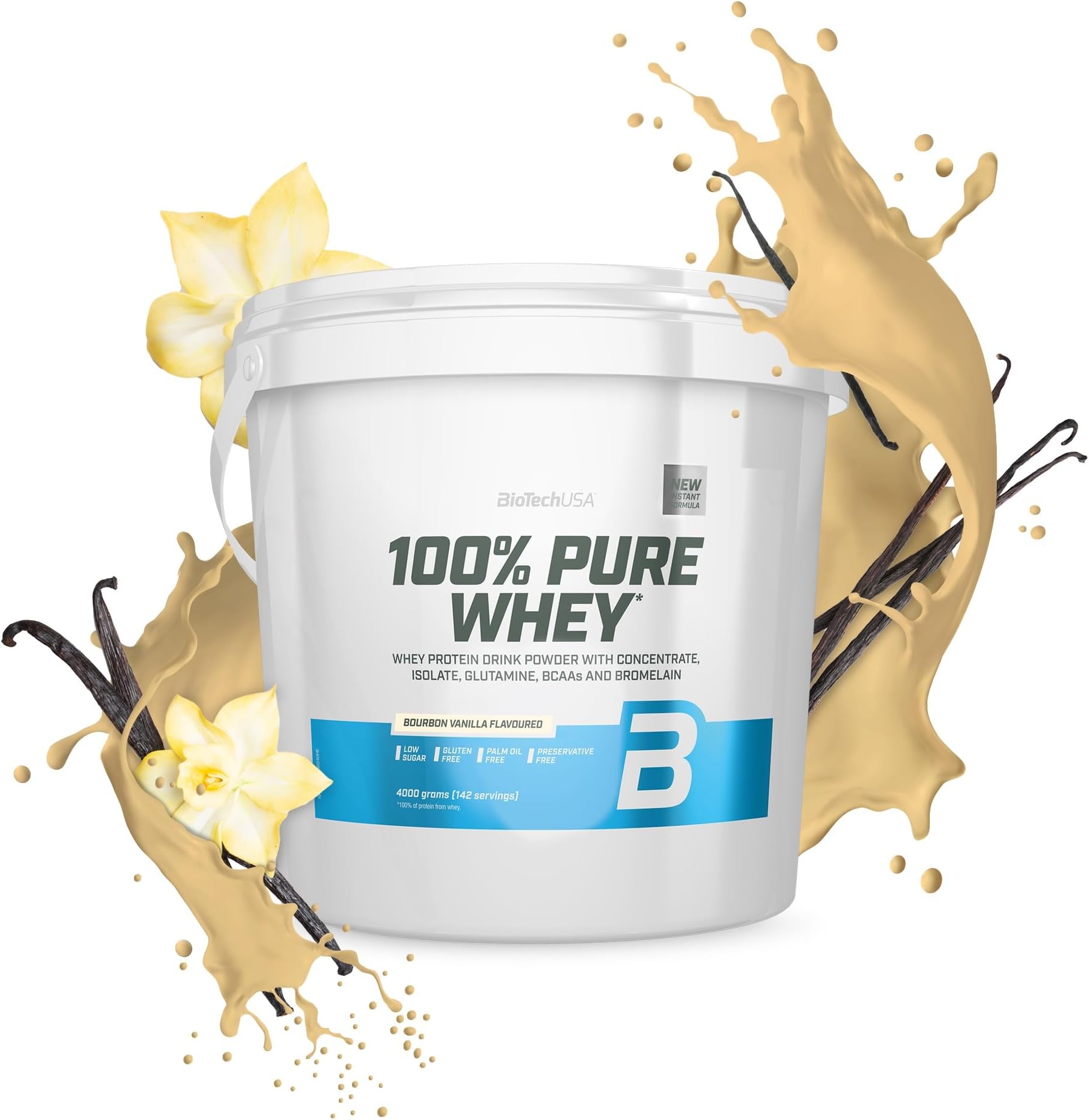 BioTechUSA 100% Pure Whey | Protein Powder with BCAA and Glutamine | Gluten-Free, Palm Oil Free | 21g Protein per Serving, 4 kg, Bourbon Vanilla