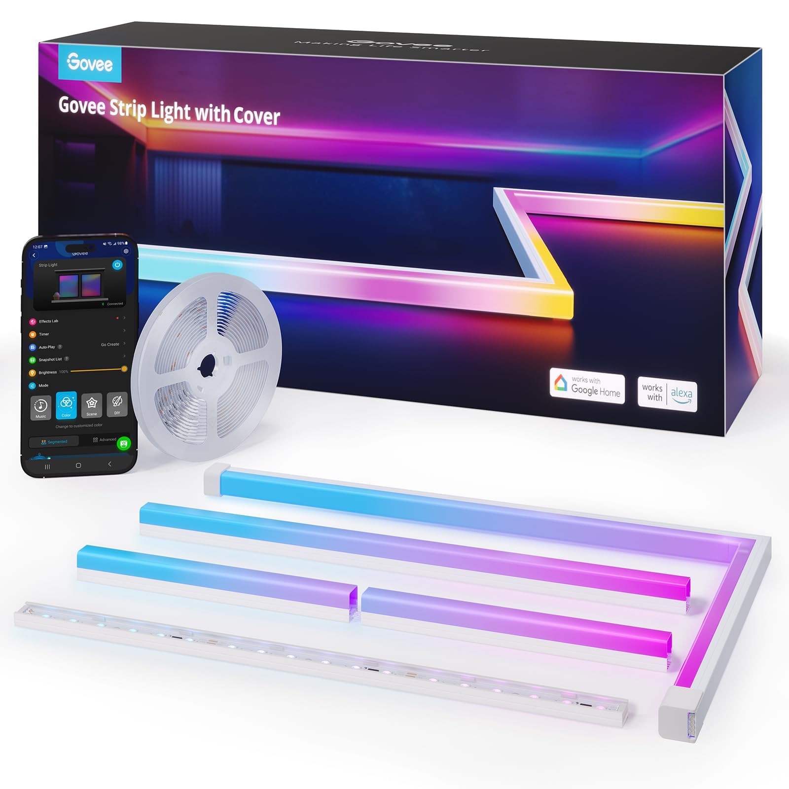 Govee RGBIC Striscia LED Intelligente con Copertura 5m, Profilo per Alexa | Funziona con Google Assistant, Tagliabile e Collegabile, Controllo via App, Per Camera Battiscopa Studio e Mobiletto