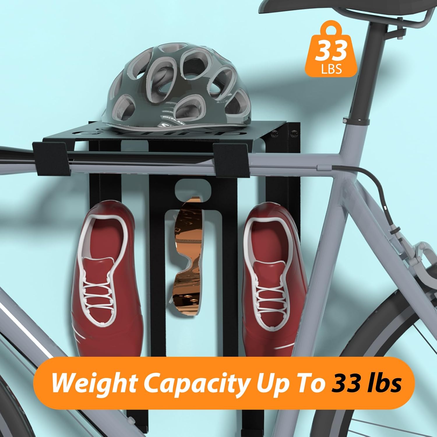 Bike Wall Mount Rack, Wall Bike Rack with Shelf and Hooks, Bike Storage Wall Mount System For Race Bicycles and Mountain Bikes, Space Saving Wall Mounted Hanger for Garage, Store your helmet and shoes