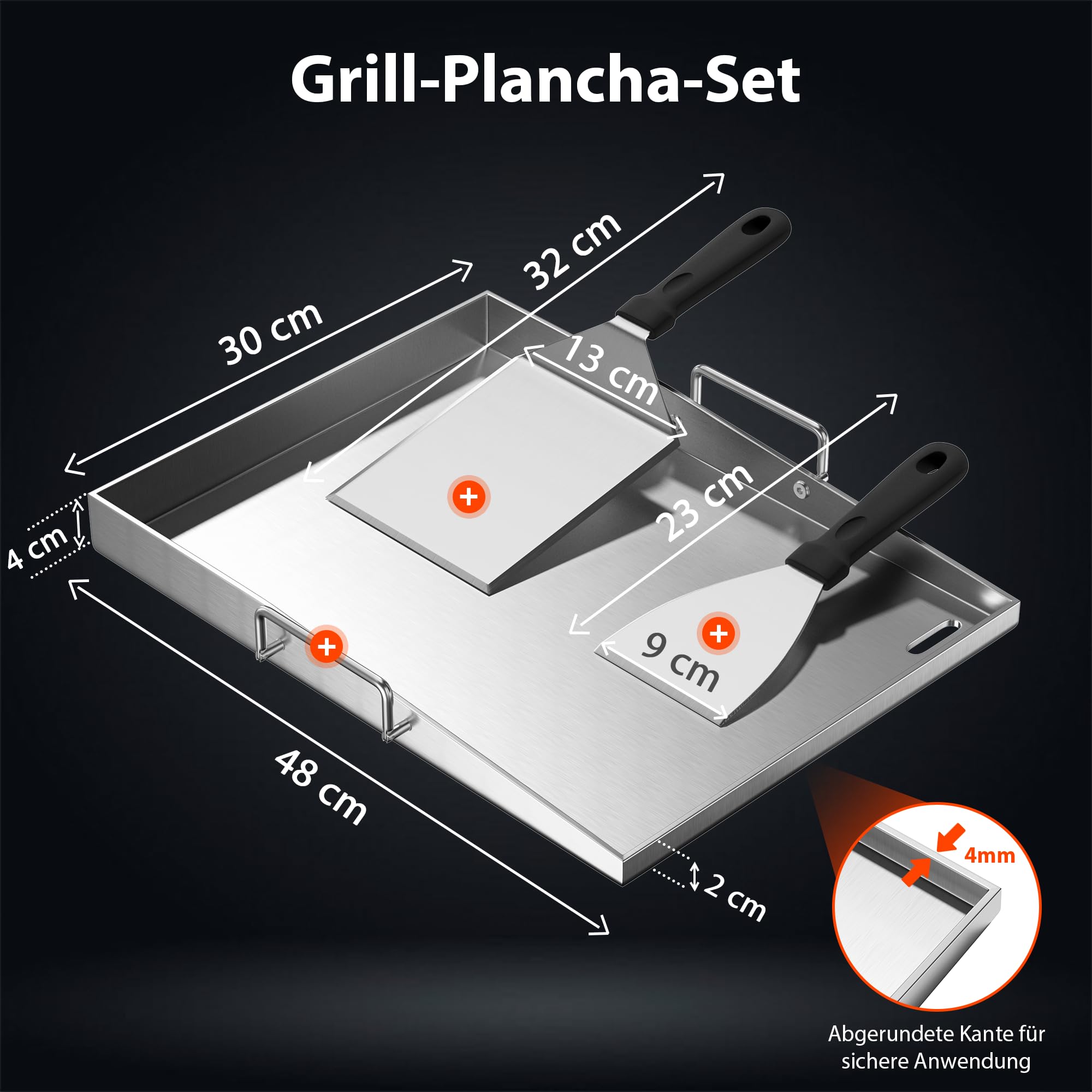 Plancha Grillplatte Edelstahl 40x30cm (4mm) für Gasgrill & Holzkohlegrill – Geschlossene Ecken, Fettablauf, Rostfrei – mit Tragebügel & 2 Spachtel – Camping & Garten