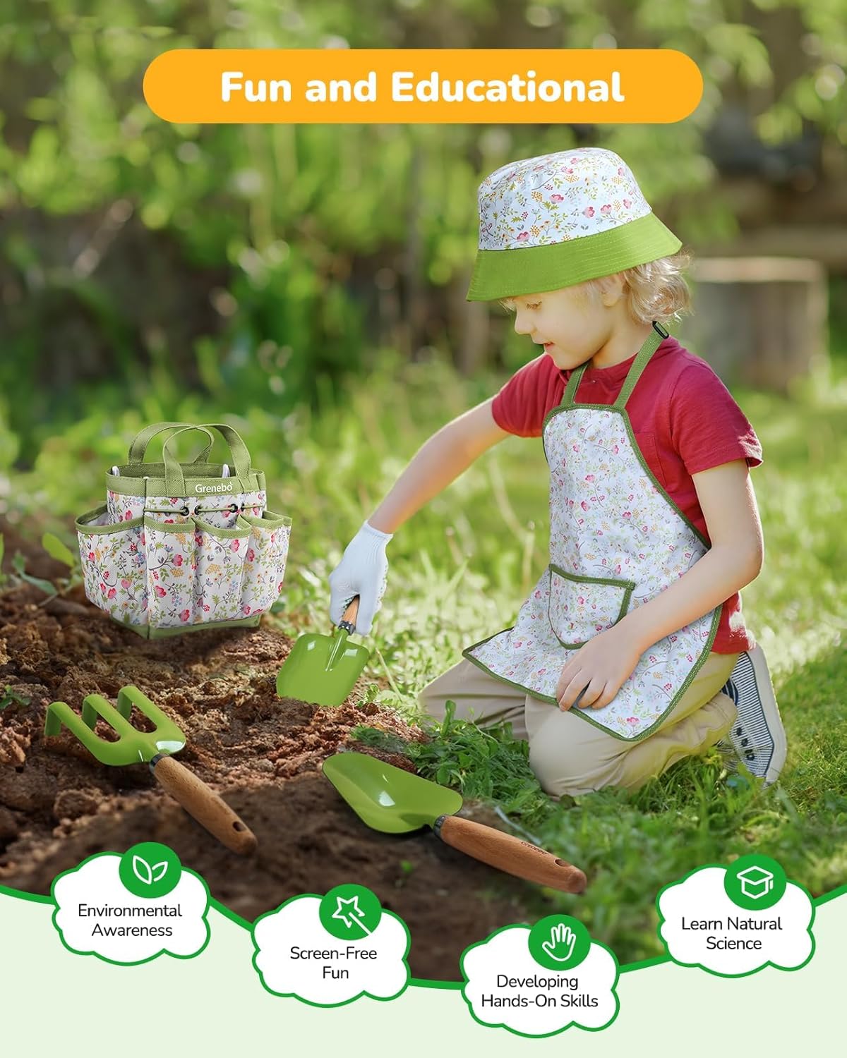 Kids Gardening Set Toys, Quality Garden Tool Kit for Kids and Toddlers, Includes Two Shovels, Garden hat,Rake, Apron,Gloves, Watering Can, and Tool Bag (Green)