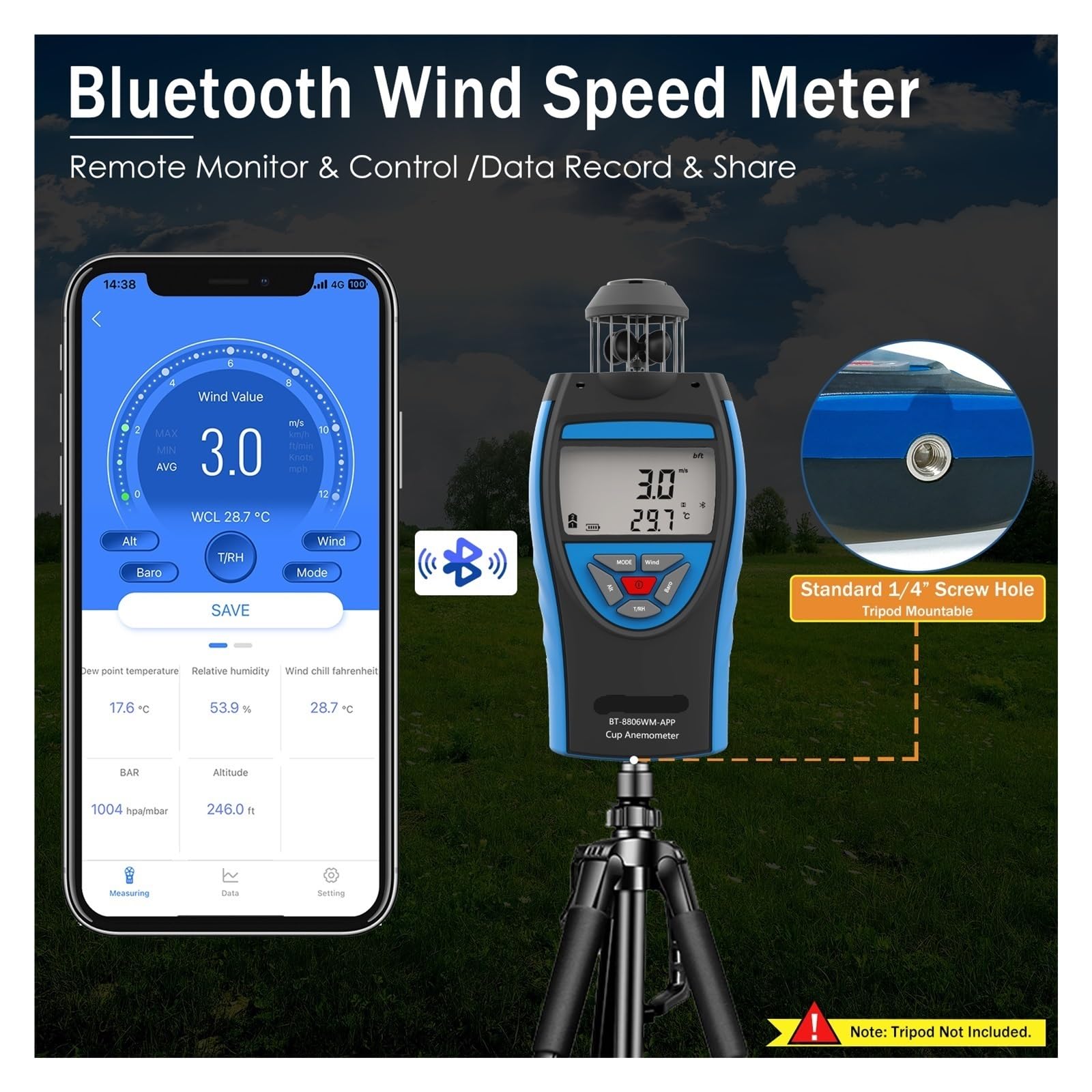 Anemómetro digital de 0,3~42 m/s, velocidad del viento por Bluetooth, volumen aire promedio HVAC, altitud CFM, barométrico, 8806-WM-APP
