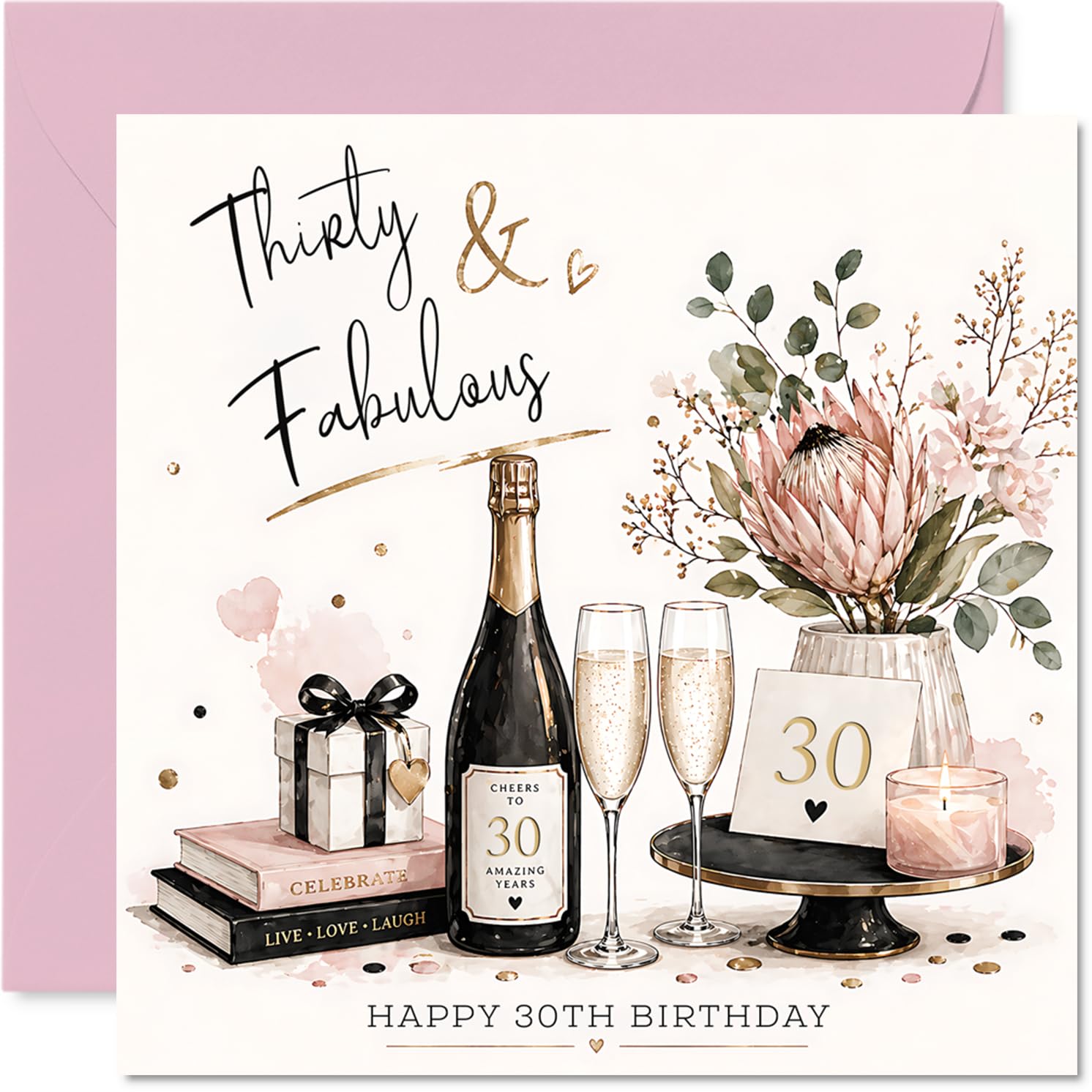 Milestone 30th Birthday Card - Raise a Toast to Turning Thirty - Champagne, Flowers and Gifts in a Pink and Gold Celebration - 145mm Square, Envelope Included