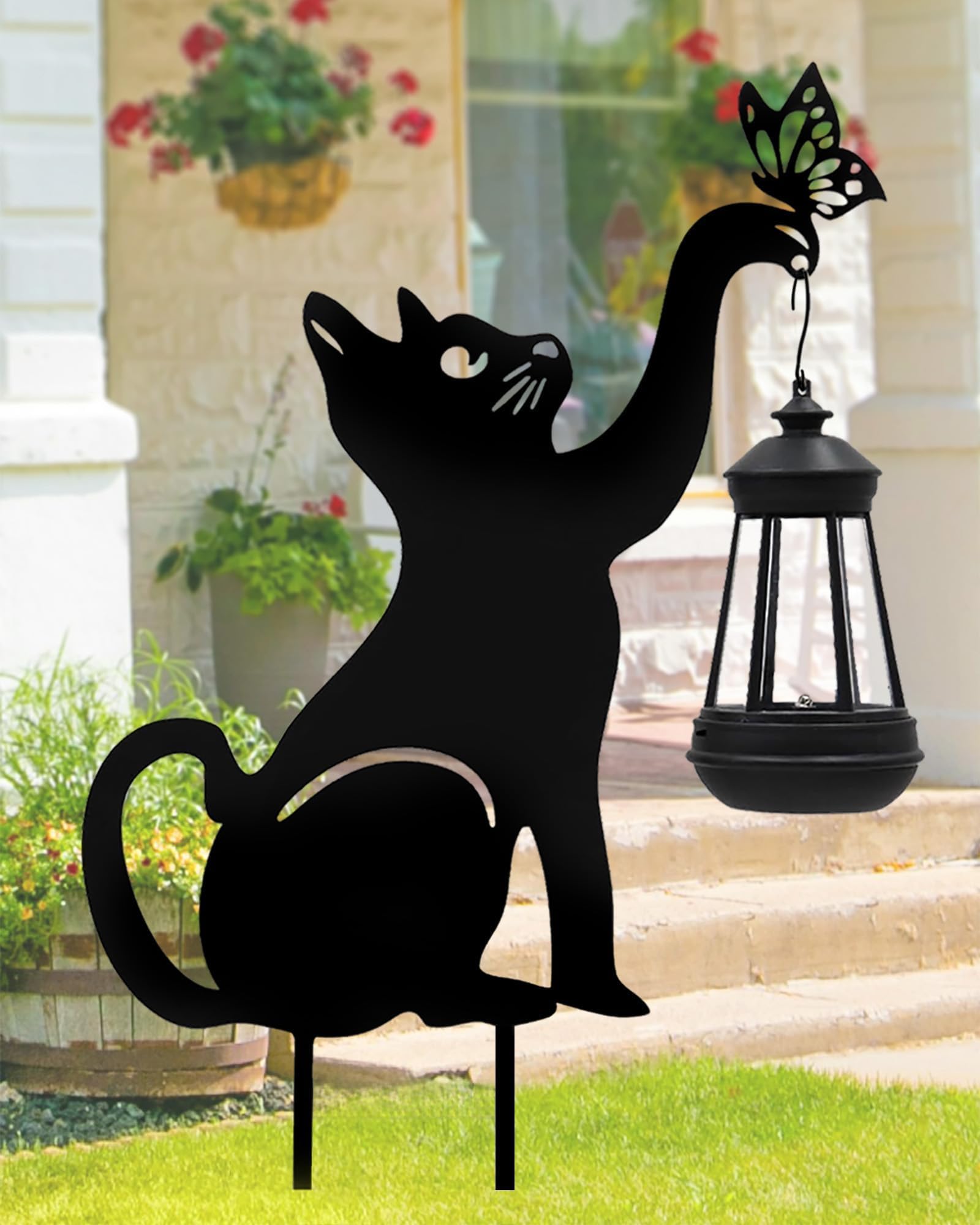 Oneser Black Cat Yard Decorations Outdoor - Solar Lights Outdoor Garden Decor Stake with Butterfly Decorative Cat Garden Decor, Garden Decoration, Cat Silhouette, Outdoor Solar Decorative