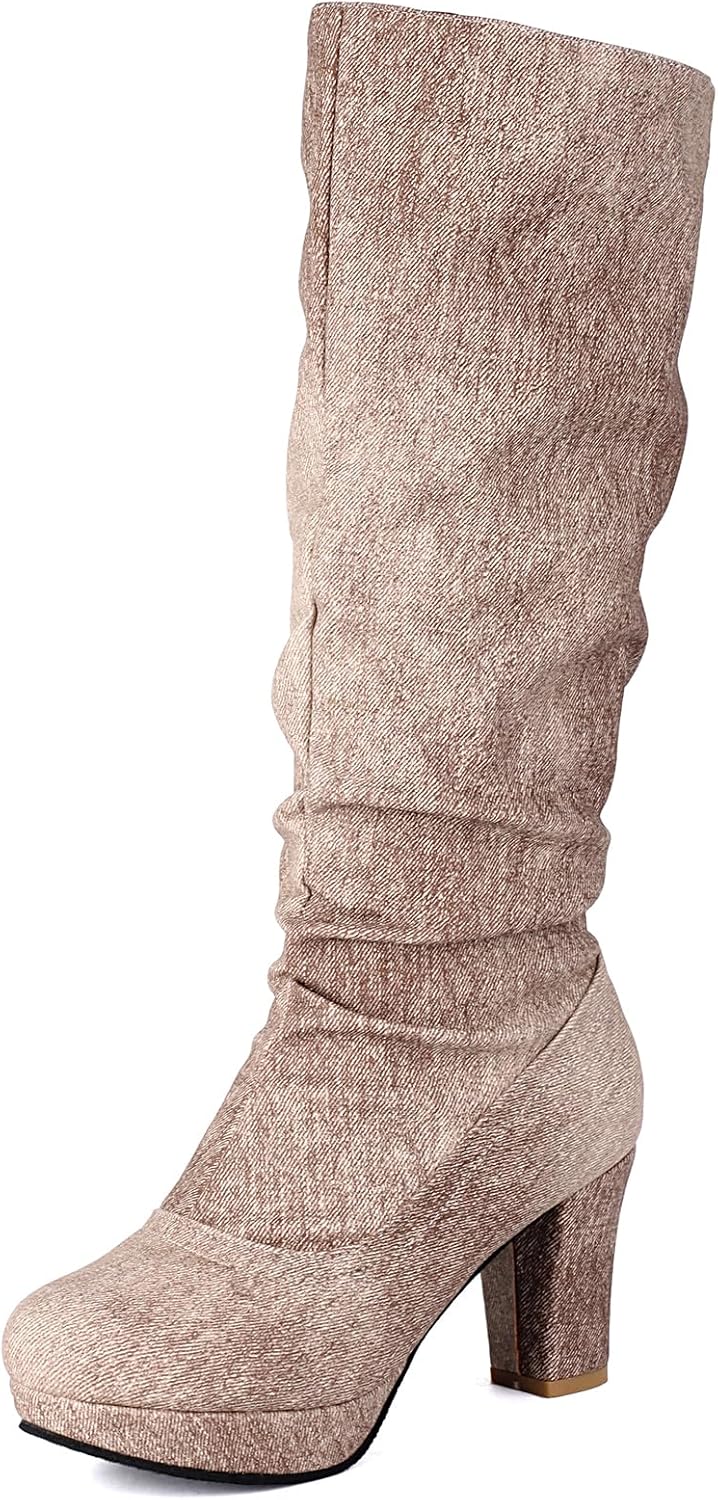 Gicoiz Women Round Toe Knee High Harness Platform Slouch Riding Boots