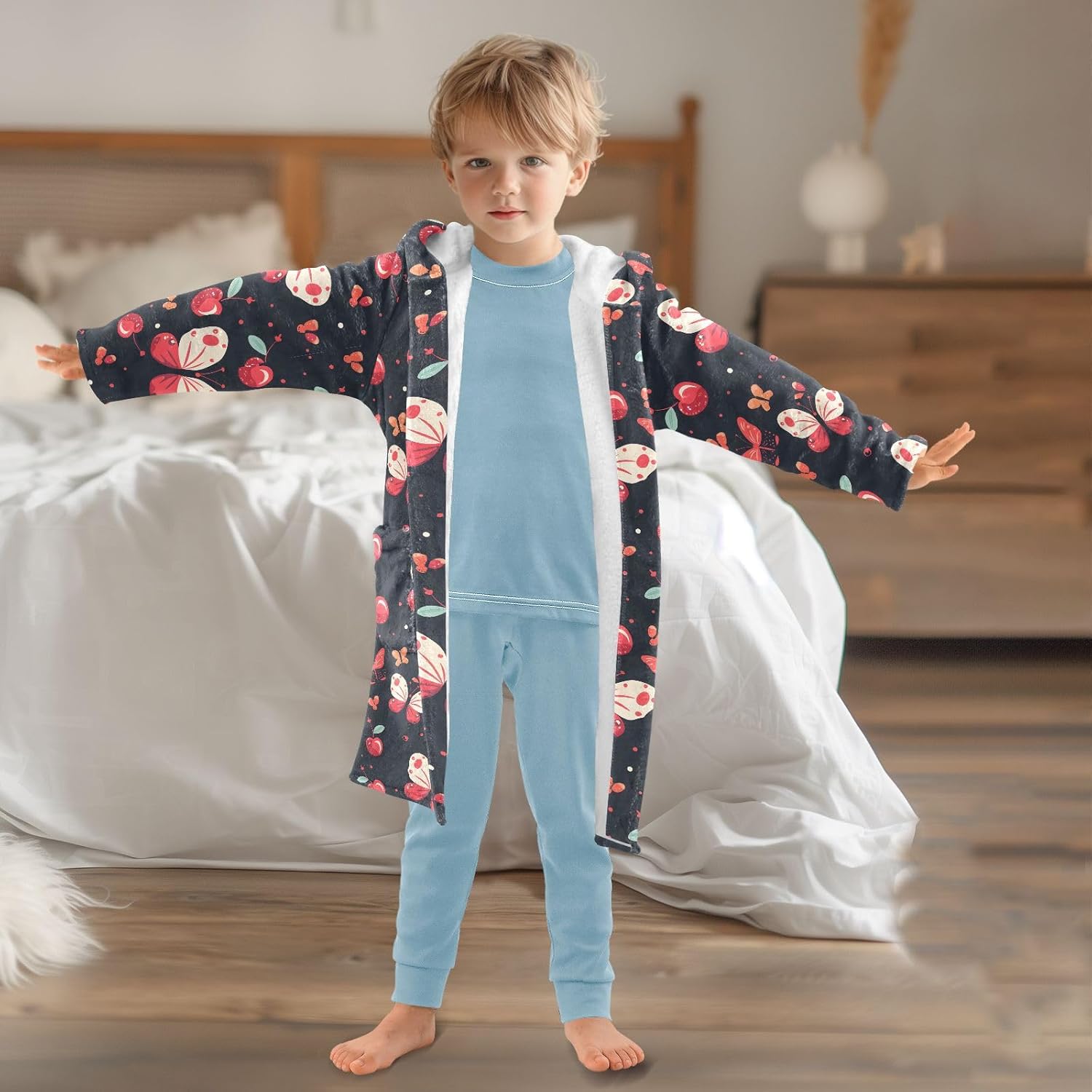 senya Cherry Butterflies Fruit Toddler Hooded Bathrobe Kids Soft Plush Bath Towel Robes for Boys Girls 2-12 Years