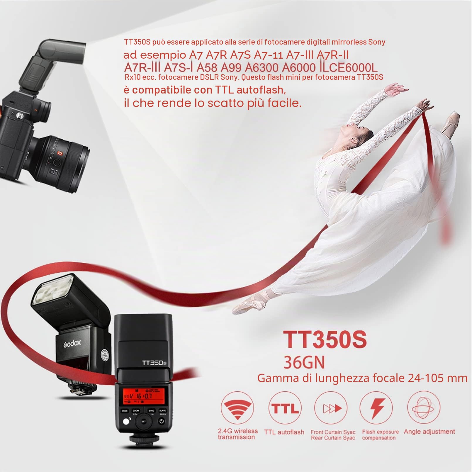 Godox TT350S Flash Sony Speedlite 2.4G Wireless HSS 1/8000s Master Slave A7R A7S A6300 A6000 A58 A99