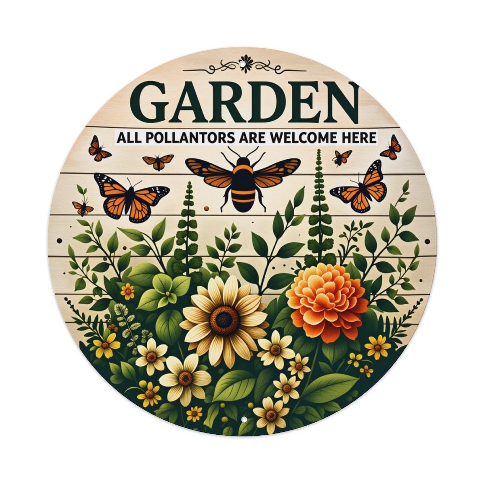 Garden Pollinators Flowers Butterflies Leaves Round Tin Sign Vintage Style Metal Sign Home Bar Garden Wall Plaque Decor Metal Poster 8x8 Inch