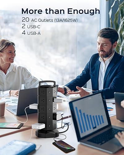 Miniatura 2 de Torre de regleta de alimentación, 20 salidas de CA, 6 puertos USB (2 USB C), protector de sobretensiones 1050J, estación de carga de escritorio de