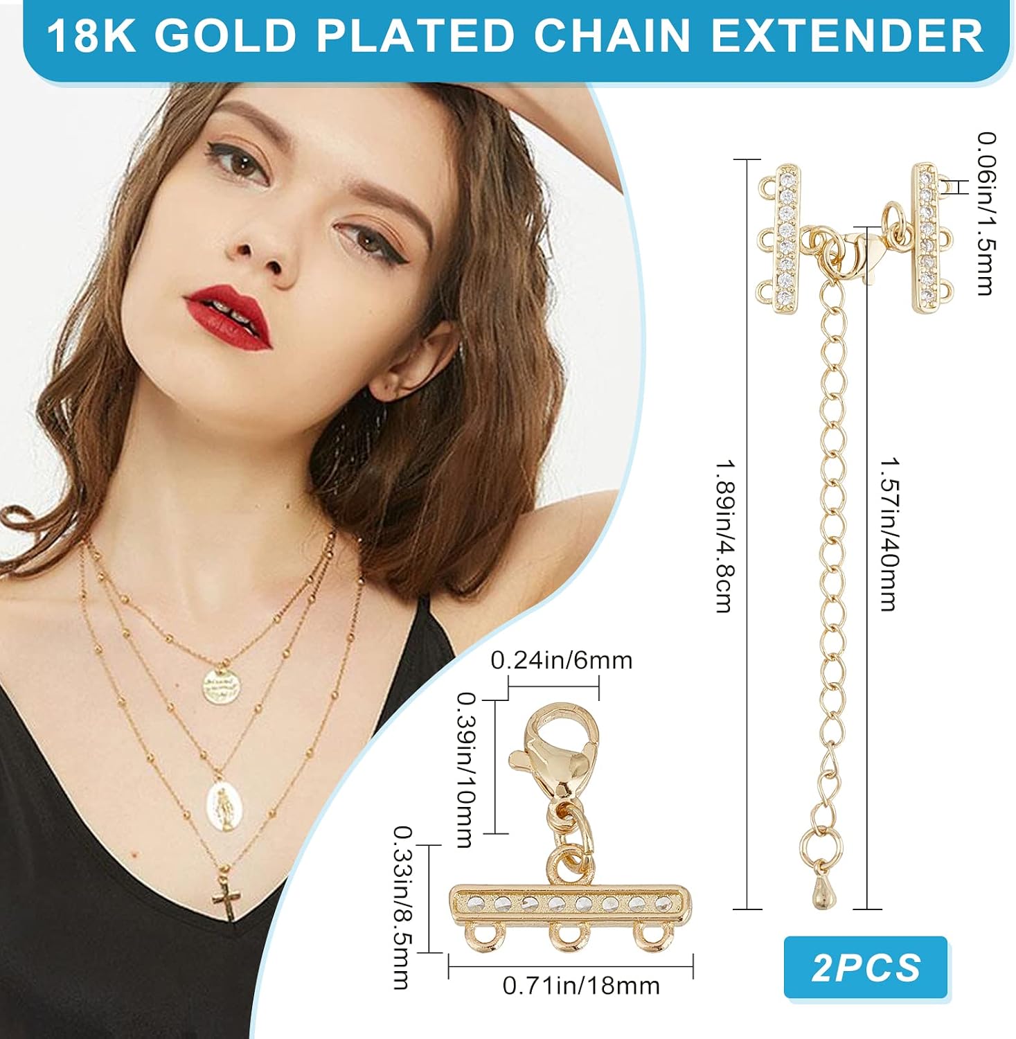 Beebeecraft 2 Sets 18K Gold Plated Multi Strand Clasps with Lobster Clasps Adjustable Chain Connector Cubic Zirconia 3 Strand Clasps Chain Extender for DIY Necklaces Bracelets Jewelry Making