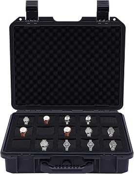 Watch Case,15 Slots Portable Watch Box for Men Watch Carry Case Travel Case, Waterproof Large Capacity Portable Watch Box Organizer Suitcase for Storage & Display with Handle Black