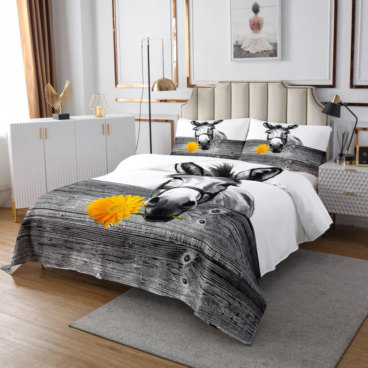 Erosebridal Funny Donkey Bedspread Set Queen Size,Sunflower Quilt Set Boys Girls Yellow Floral Coverlet Set Farm Animal Donkey Sketch Bed Cover Wooden Board Bedspread Sets