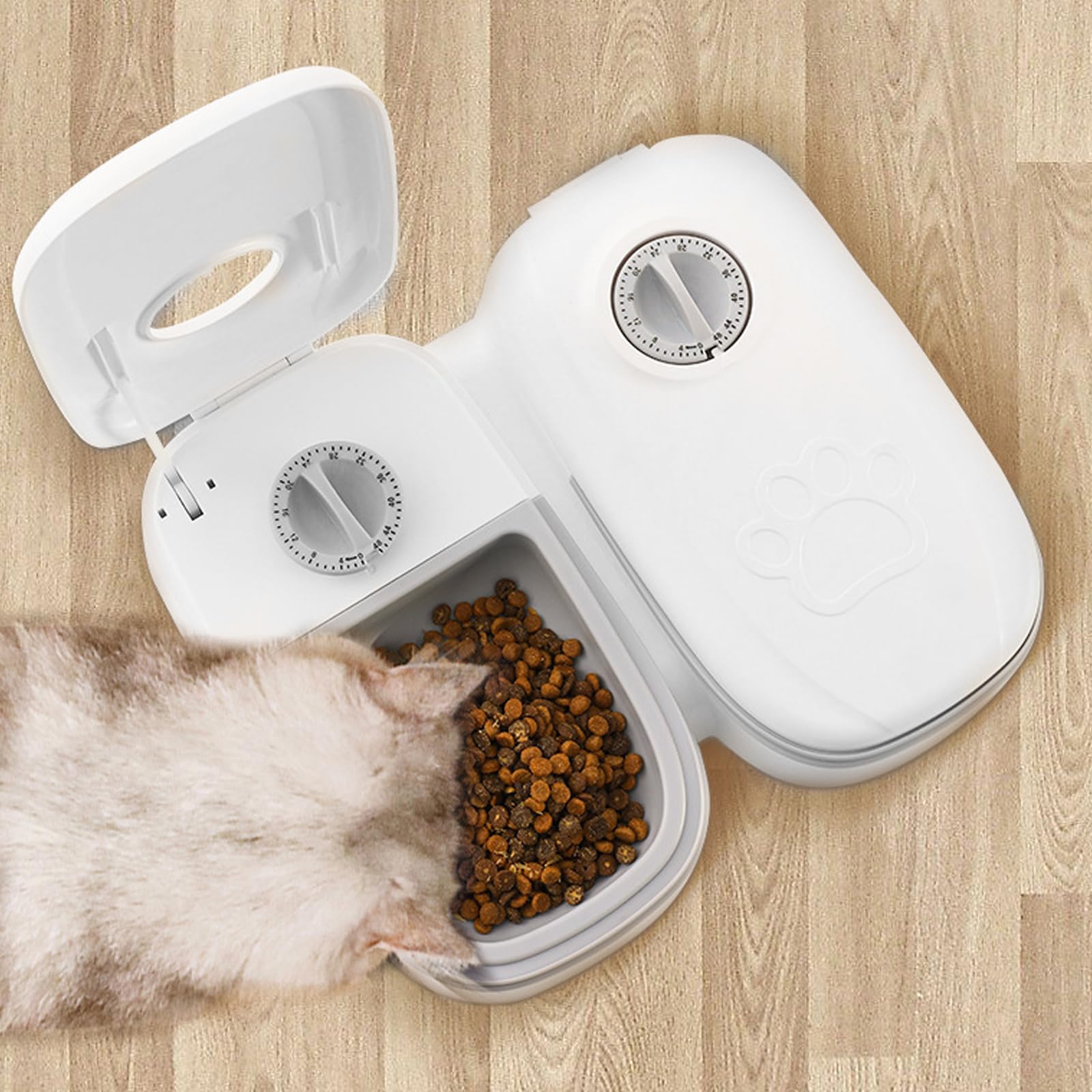 PORFOYO Katzenfutter Automat 2 Mahlzeiten, Futterautomat Katze Nassfutterautomat für Katzen, mit 48h Timer, 700 ml Trocken- und Nassfutter, für Katzen und kleine Hunde
