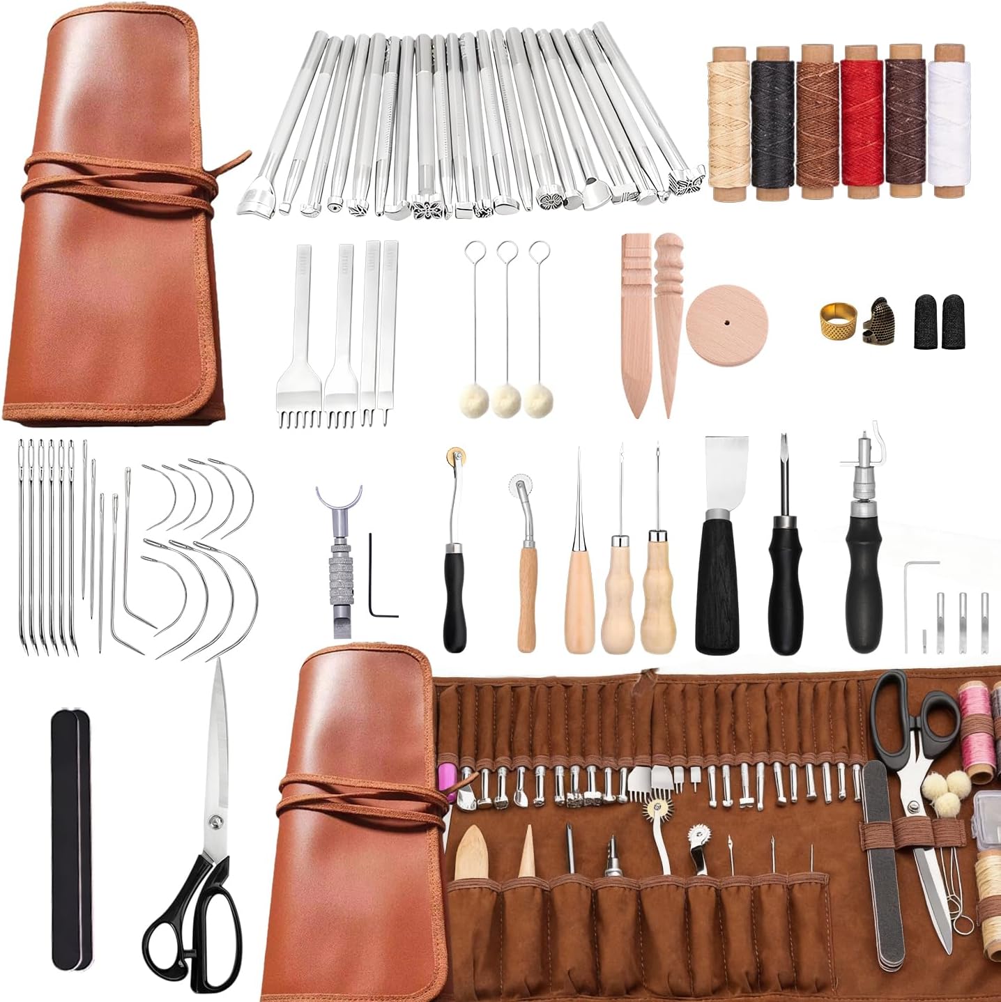 Leather Working Tools Kit, with Portable Leather Storage Bag, Engraving Punching Sewing Stamping Sanding Tools, Ideal for Crafting, Repair & DIY Projects