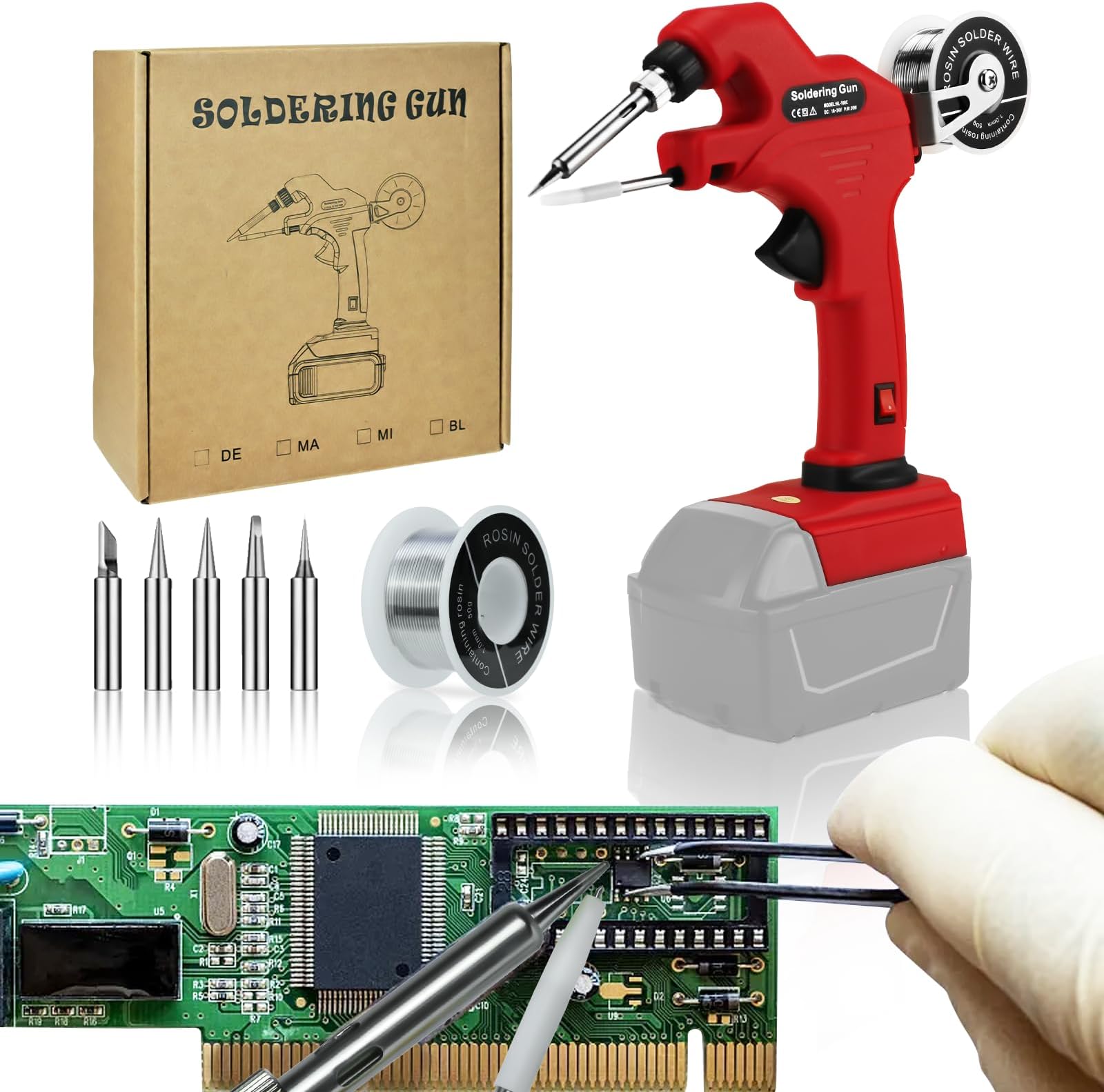 Cordless Soldering Iron for Milwaukee 18V Battery, 30W Soldering Gun 30s Quick Preheat Soldering Iron Kit with 50g 0.04" Solder Wire& 5pcs Solder Tips for Electronics, Circuit Boards, Jewelry Making
