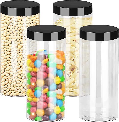 Miniatura 1 de Paquete de 4 tarros Mason de plástico transparente con tapas, recipientes transparentes para organizar, uso en cocina y despensa, crema redonda de