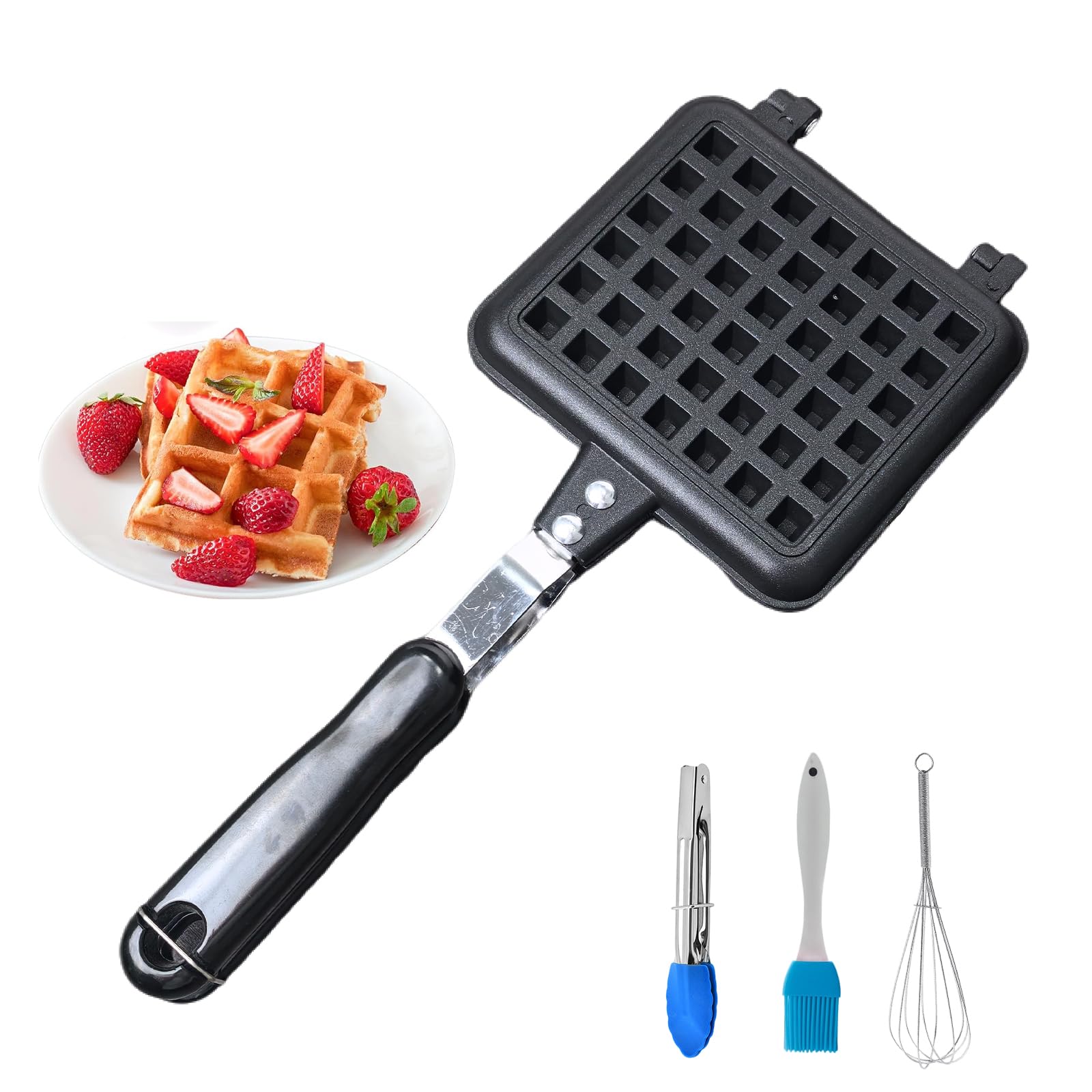 CPVKRY Cast Aluminum Stovetop Belgium Waffle Iron, 5.2 x 5.7 Inches Camping Waffle Maker Pan, Portable Aluminum Waffle Maker Pan for Family Breakfast Baking, Comes With a Cleaning Cloth And Oil Brus