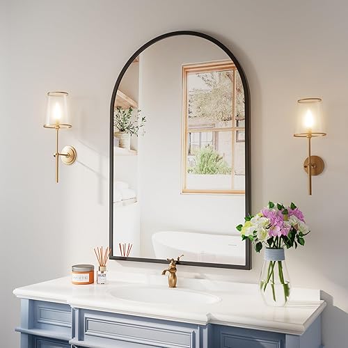 Espejo arqueado negro de 30 x 40 pulgadas, espejo de pared arqueado para dormitorio, recibidor, sala de estar, espejo de tocador de vidrio templado,