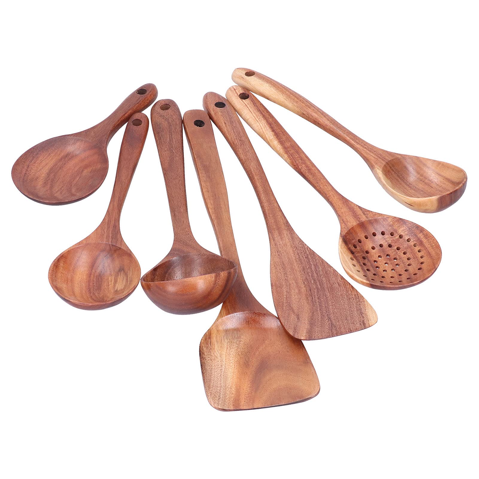 Set di Mestoli in Legno, Cucchiaio con Spatola Antiaderente con Manico Lungo, Stoviglie da Cucina, per Cucinare, Servire e Mescolare(Set da sette pezzi + cartone)