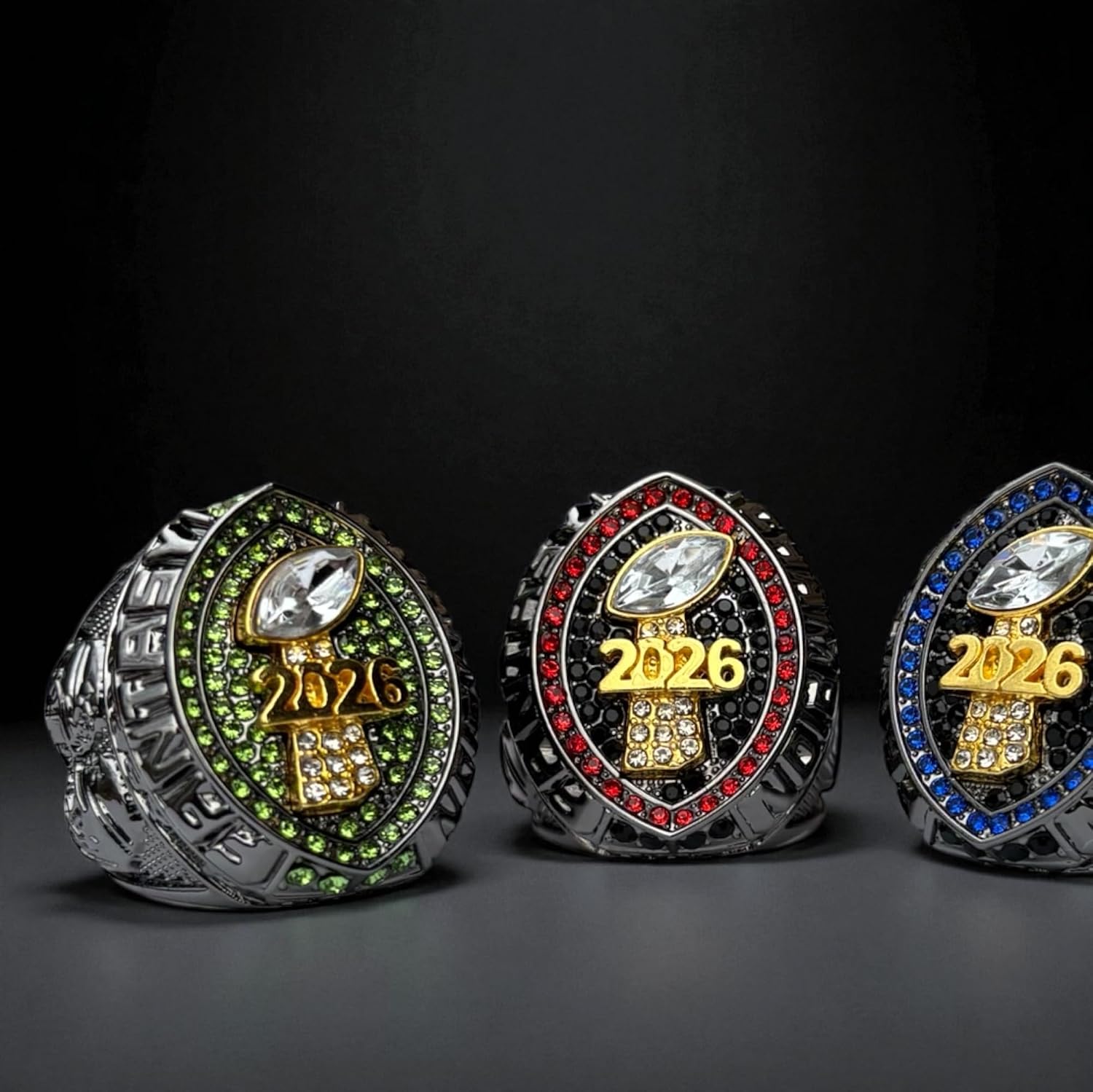 Legacy Rings 2026 Fantasy Football Championship Trophy Ring | Black Gunmetal and Plated with Gold-Tone Detail | Award for Fantasy Football League Champion Winner | Color Stones