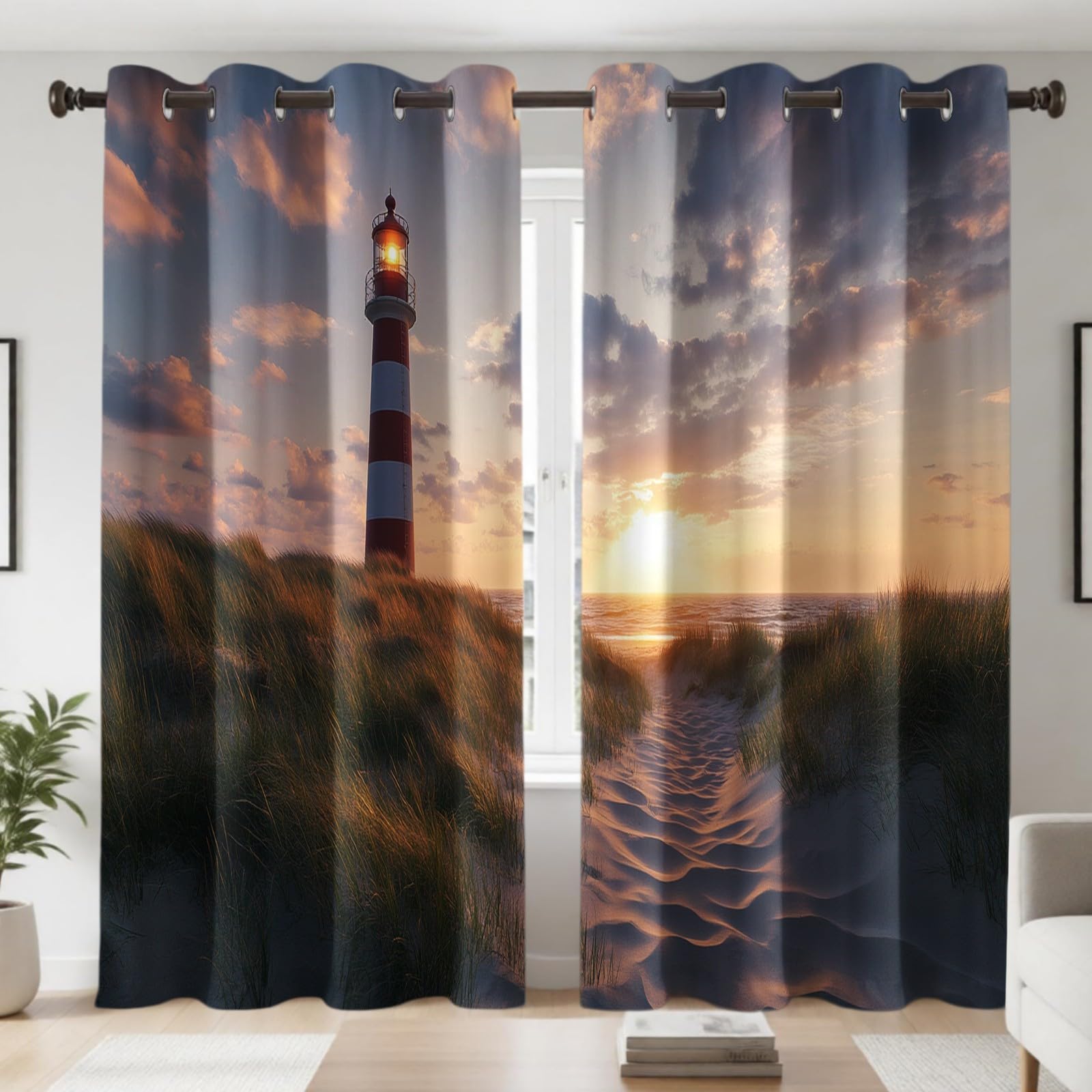 Tende Oscuranti con Tasca Passabastone, Faro della spiaggia Alghe Coppia di 2 Pannelli 140L x 200A cm