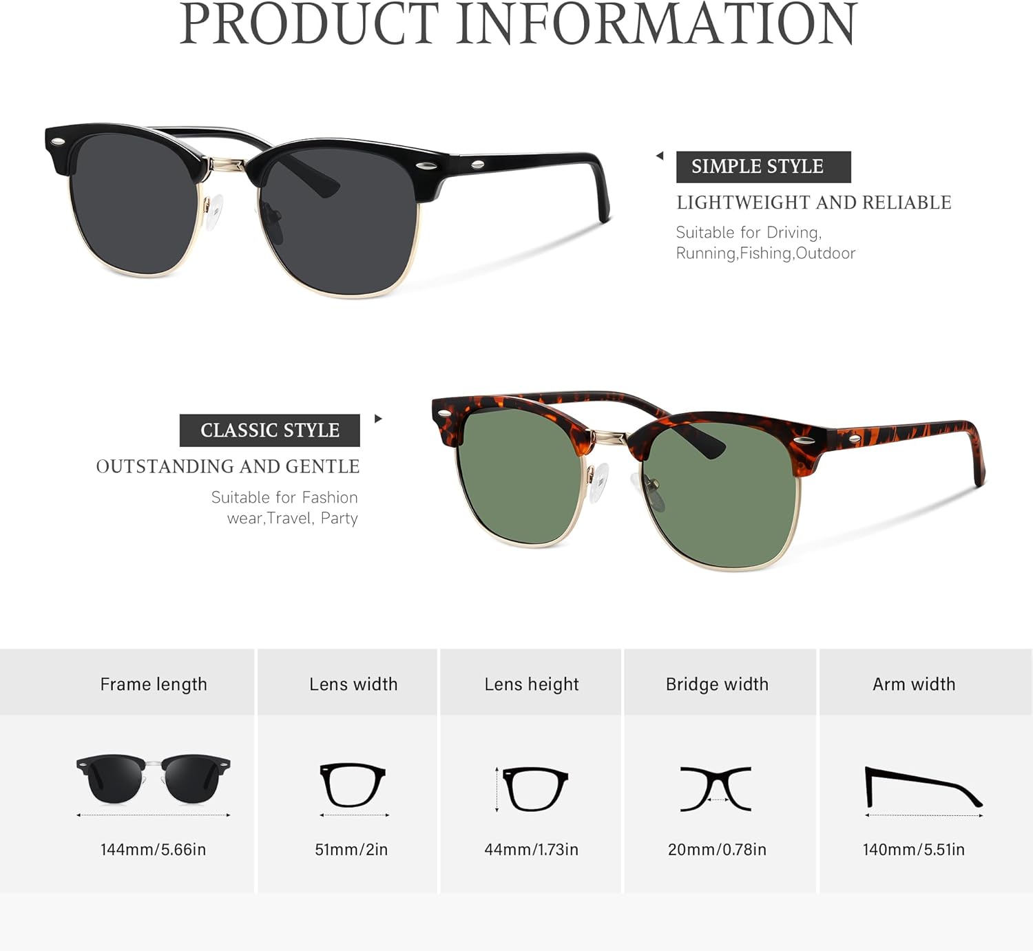 Polarized Sunglasses for Men Women Classic Semi-Rimless Frame Mens Sunglasses UV Protection Driving Sun Glasses