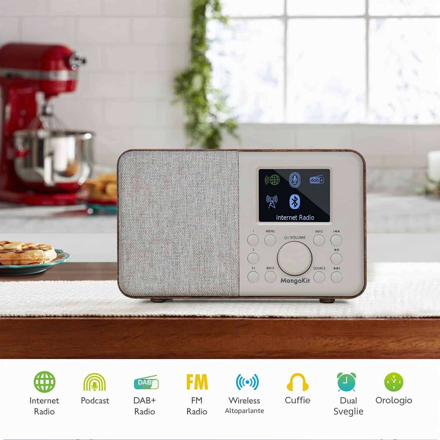 SR10 Internet Radio DAB+ Wi-Fi Lettore Podcast Bluetooth FM Cucina Doppio Allarme Noce