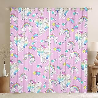 Unicorn 30%-50% Blackout Curtains (2 Panels, 52 x 84 Inch) Girls Cute Unicorn Curtains for Bedroom Living Room Boys Girls Children Rainbow Dreamy Horse Printed Darkening Drapes Pink Window Treatments