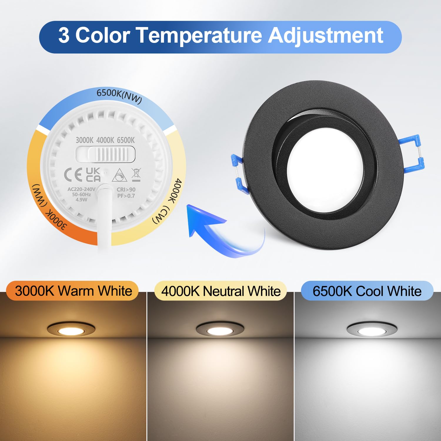 6 Spots LED Encastrables Extra Plats 5W - Dimmables, IP44, 3000K-6500K - Blanc Mat